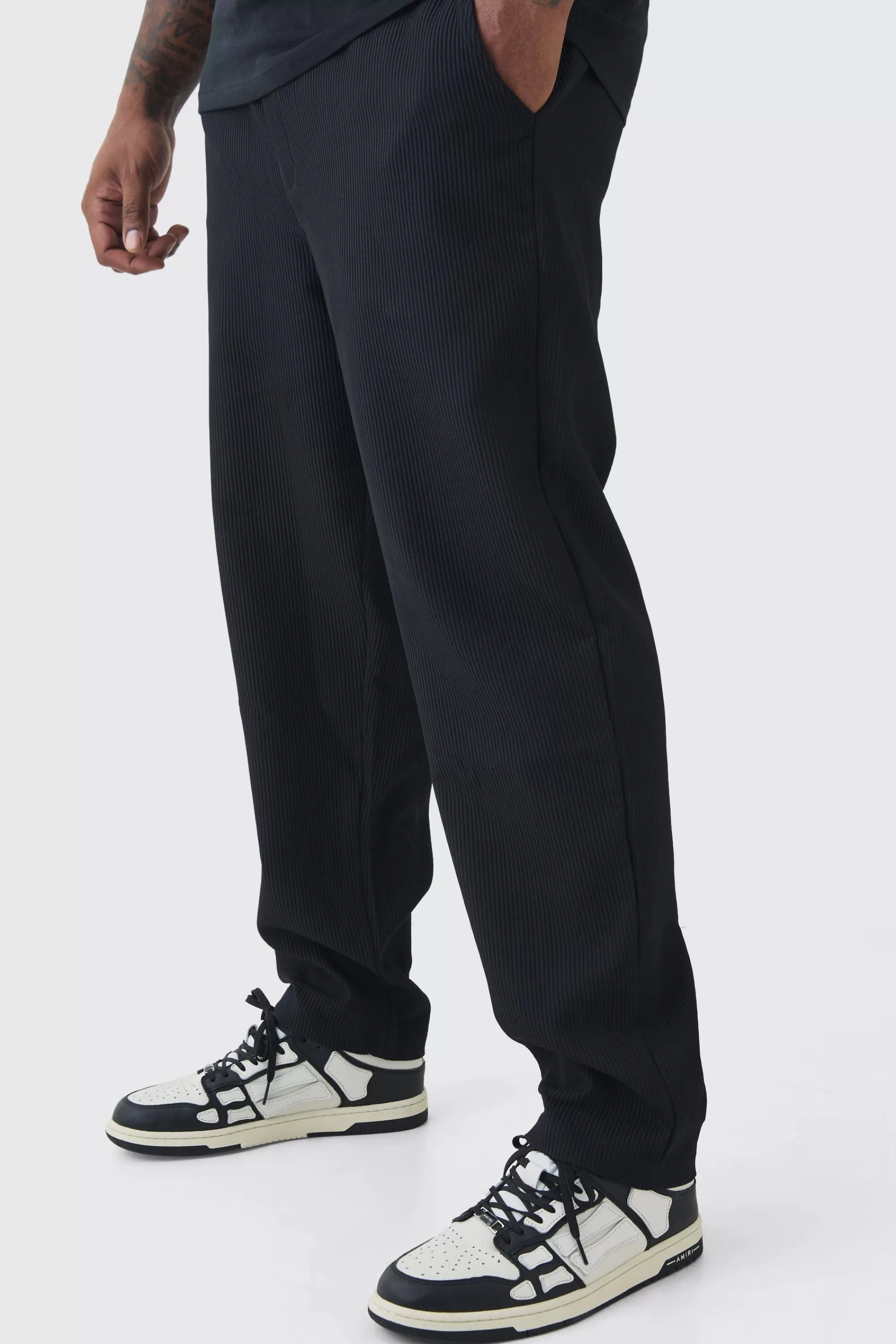 boohooMAN Plus Elastic Waist Tapered Fit Pleated Trouser | UK
