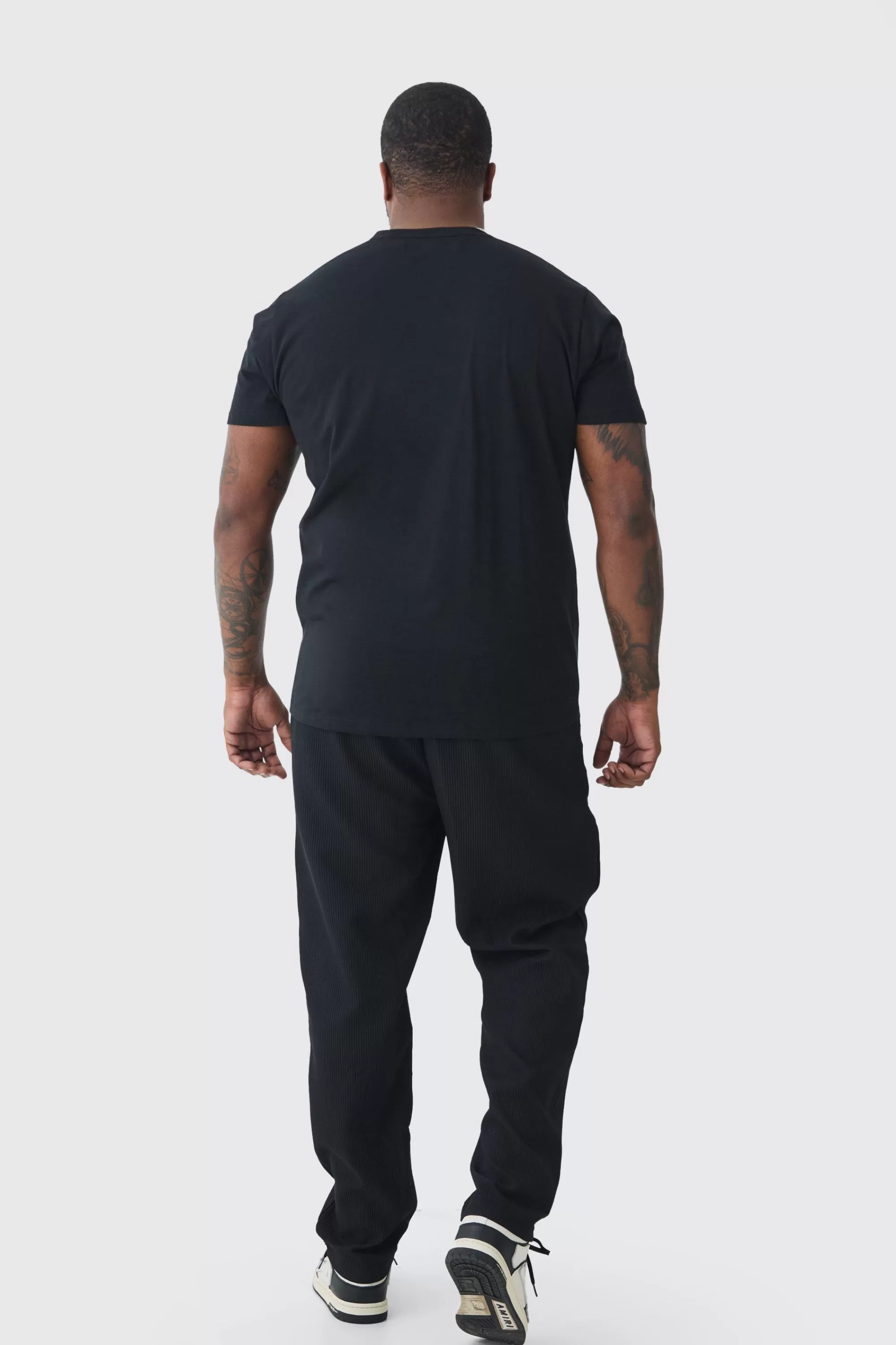 boohooMAN Plus Elastic Waist Tapered Fit Pleated Trouser | UK