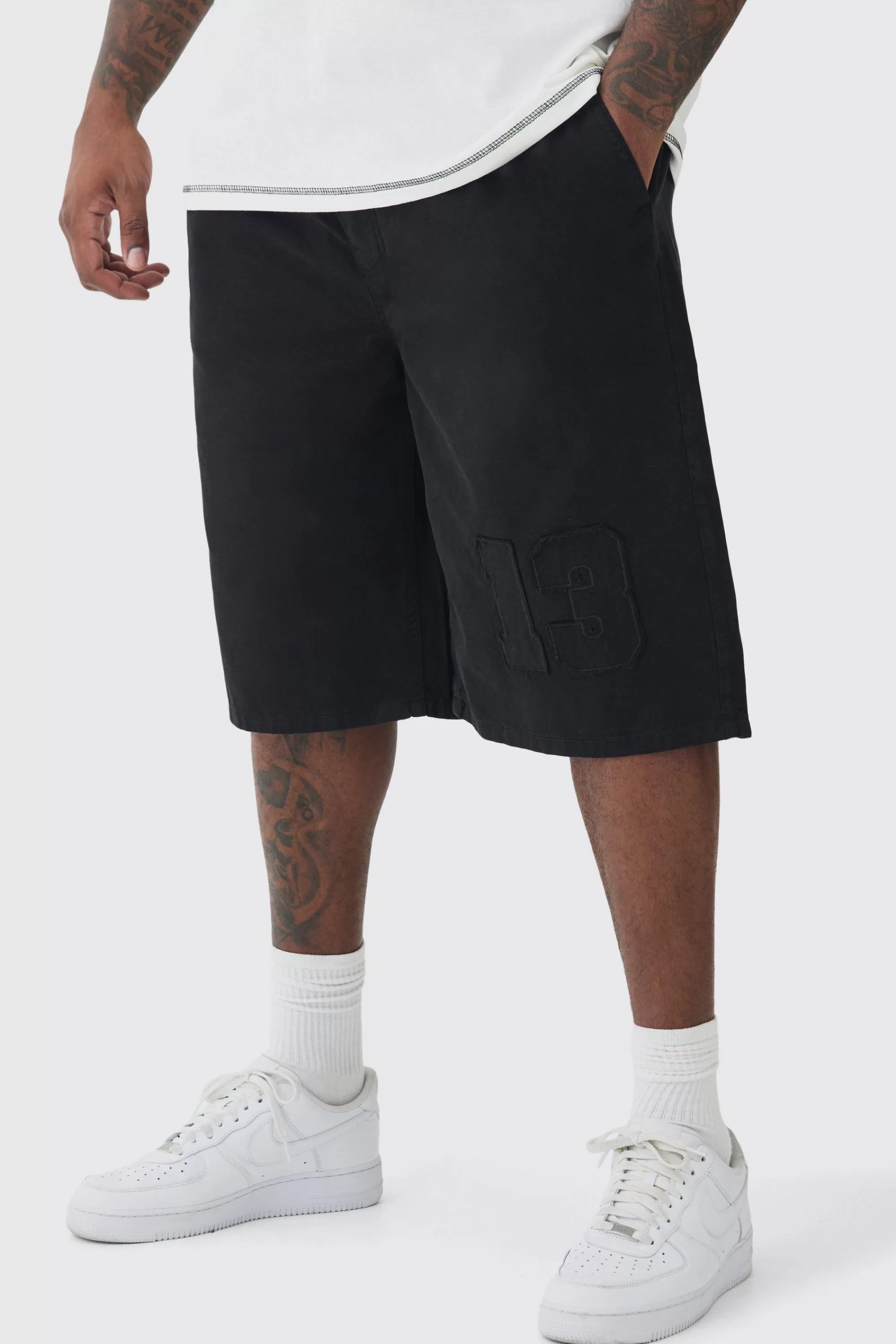 boohooMAN Plus Elasticated Waist Applique Jorts | UK