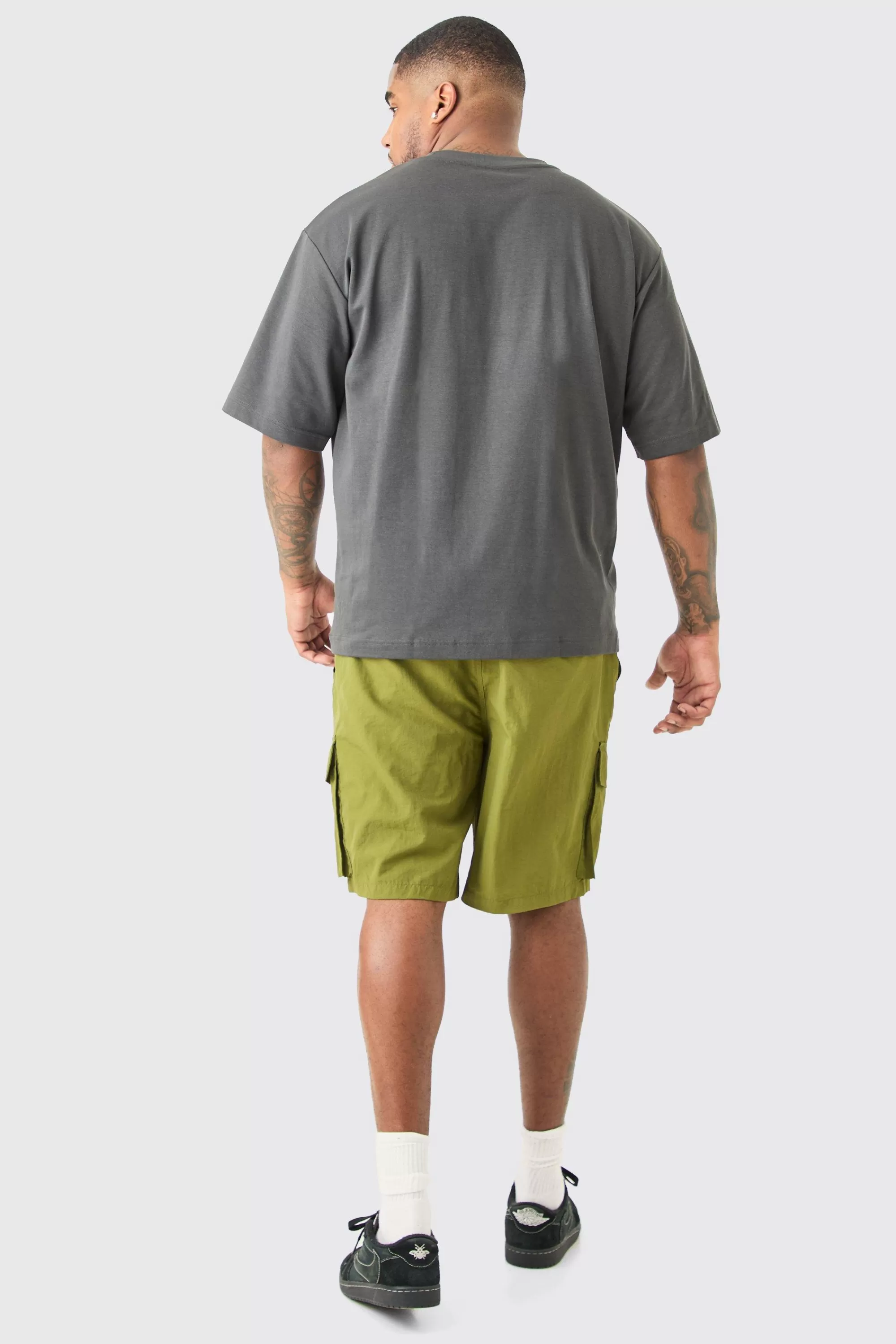 boohooMAN Plus Elasticated Waist Ofcl Nylon Cargo Short | UK