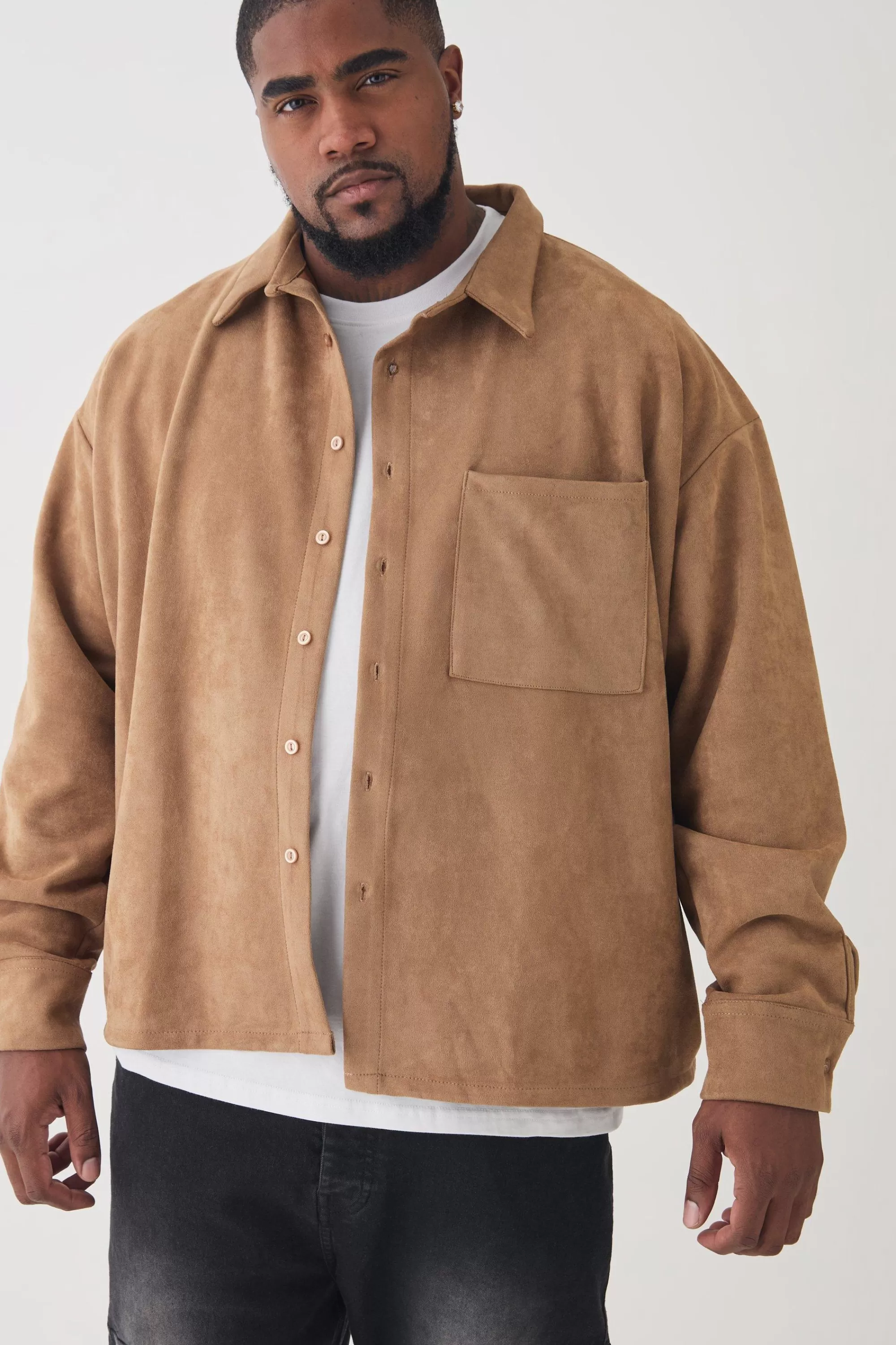 boohooMAN Plus Faux Suede Button Through Overshirt | UK