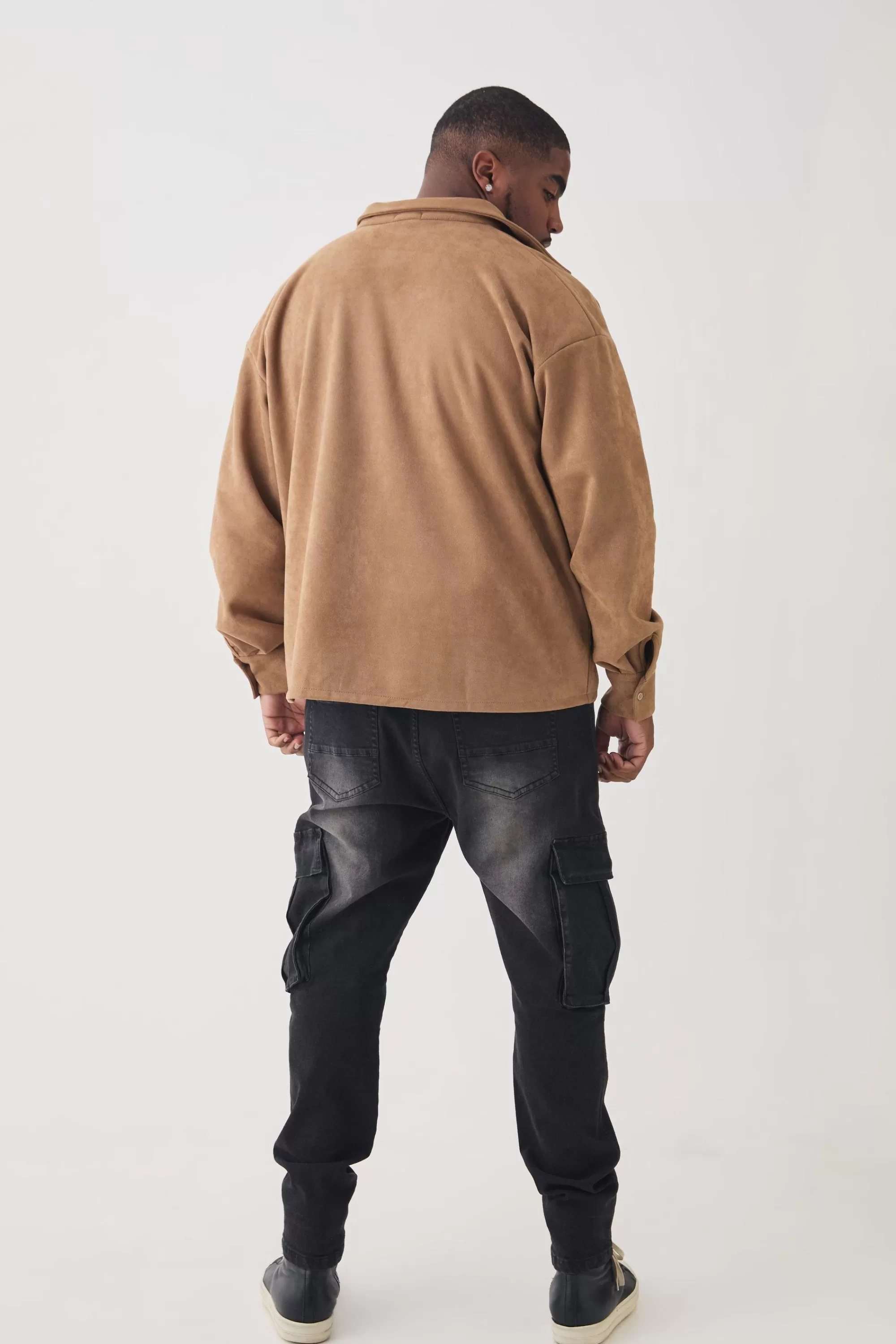 boohooMAN Plus Faux Suede Button Through Overshirt | UK