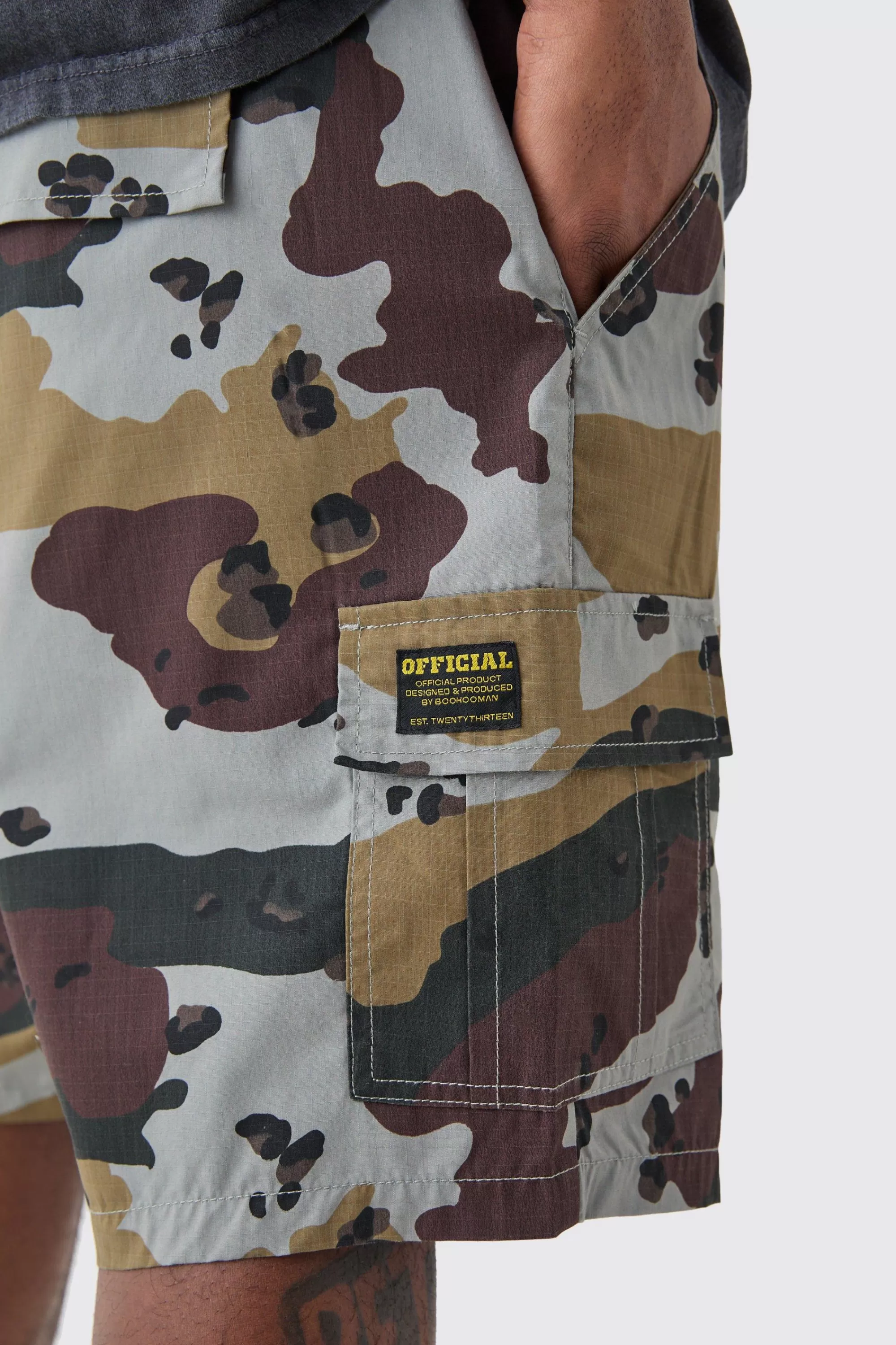 boohooMAN Plus Fixed Waist Camo Twill Cargo Short | UK
