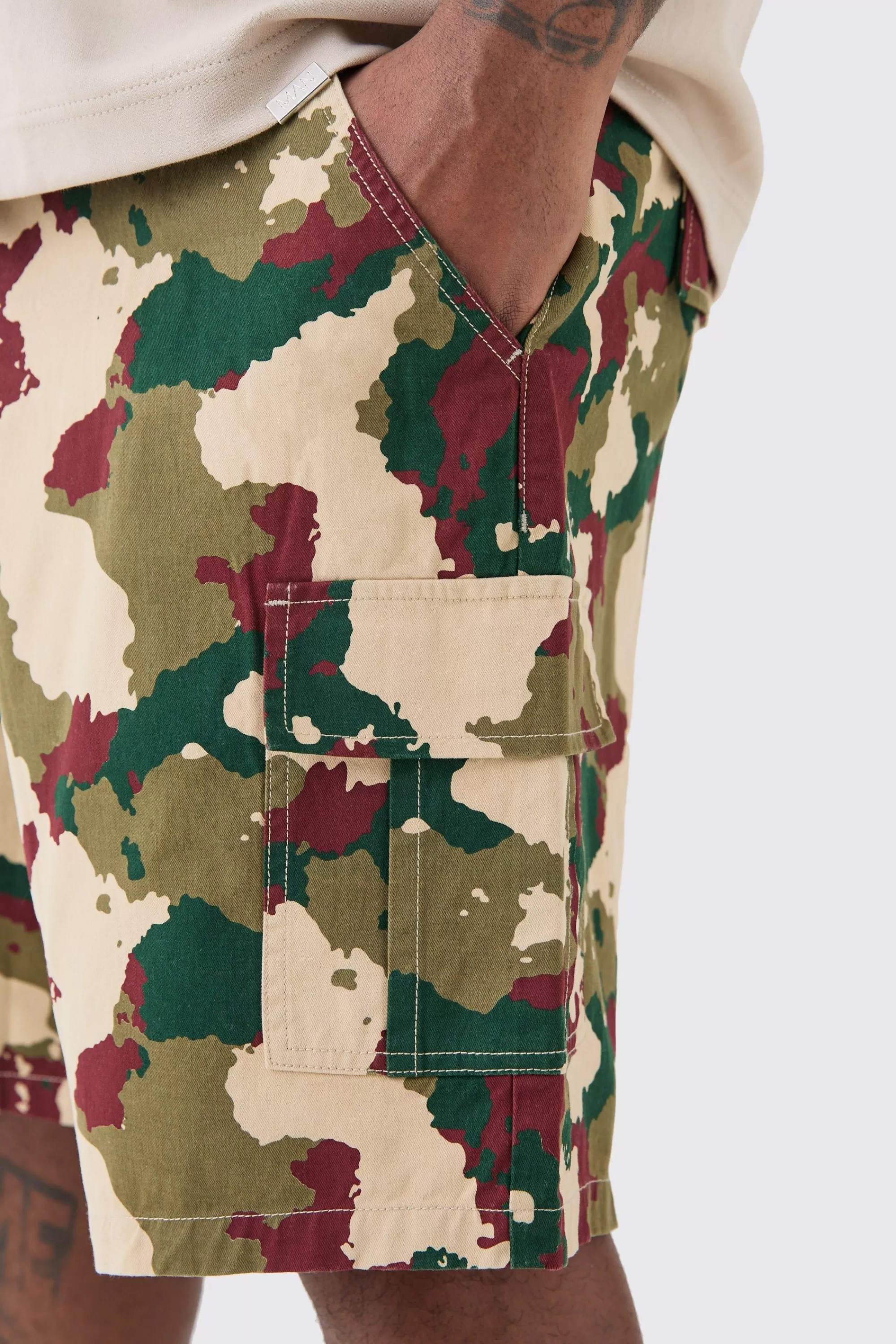 boohooMAN Plus Fixed Waist Camo Twill Cargo Short | UK