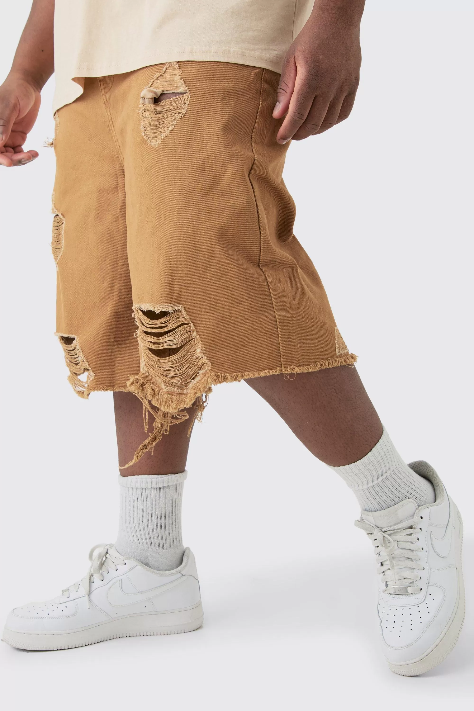 boohooMAN Plus Fixed Waist Distressed Twill Jort | UK