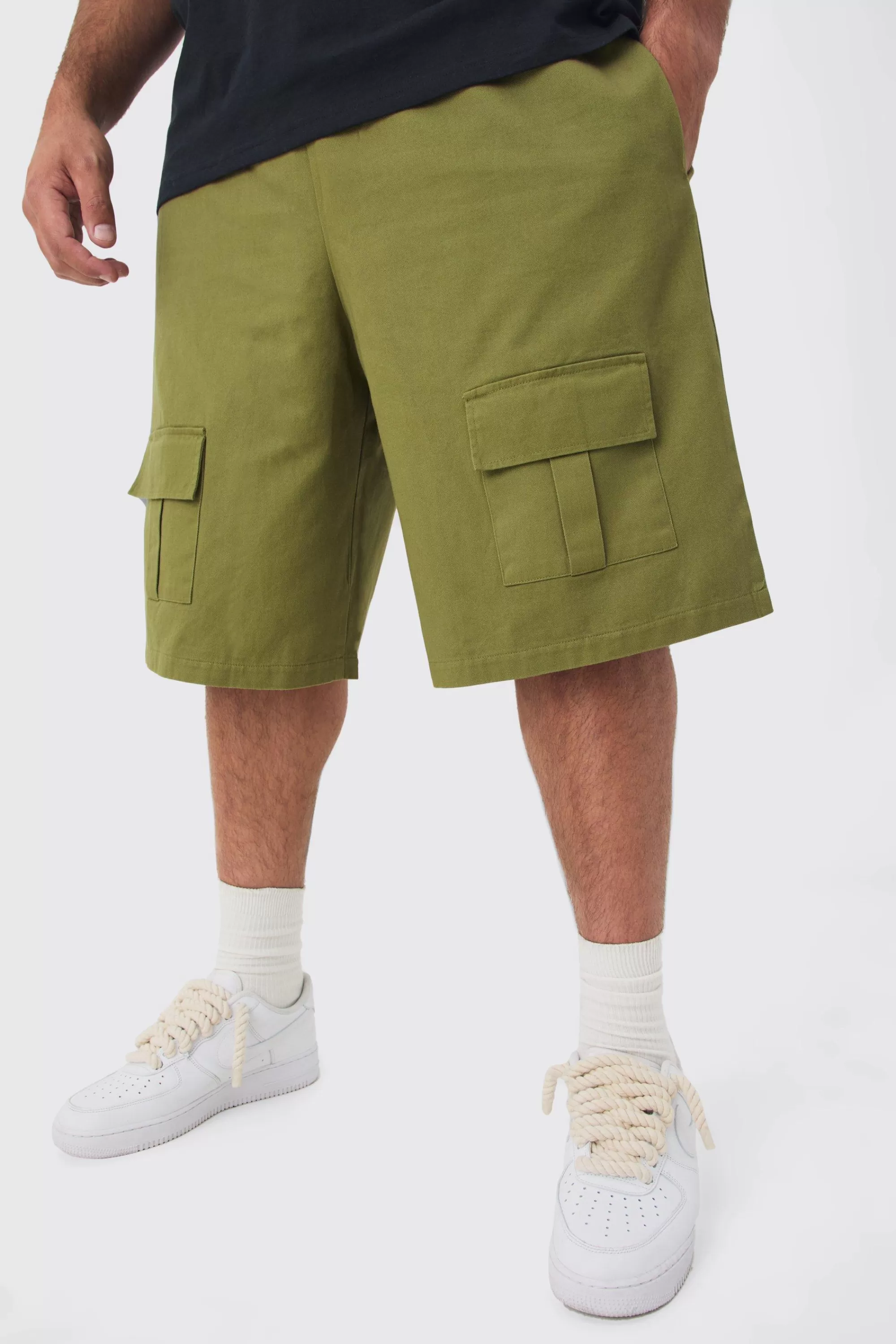 boohooMAN Plus Front Pocket Twill Overdyed Cargo Jort | UK