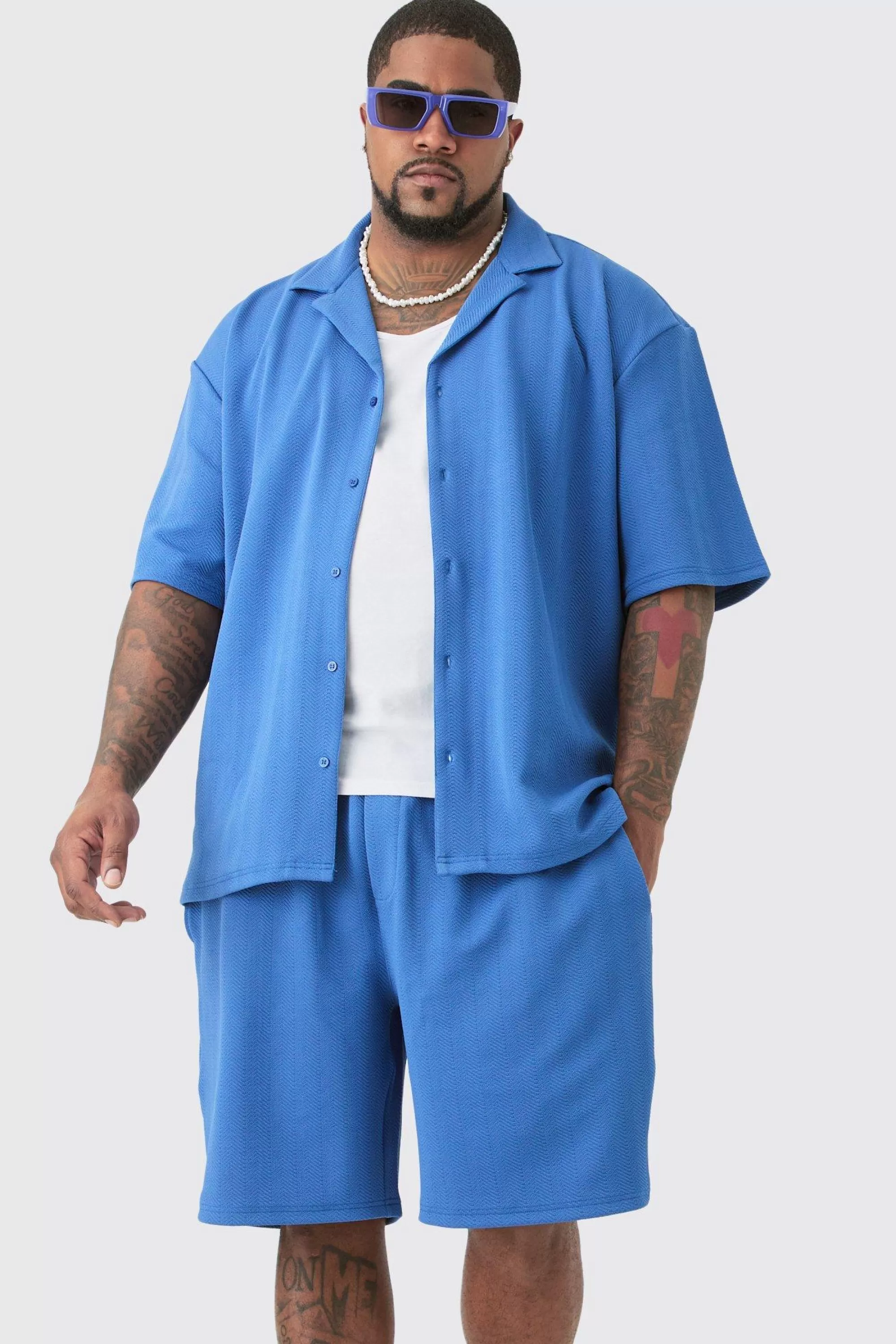 boohooMAN Plus Herringbone Detail Shirt & Short Set In | UK