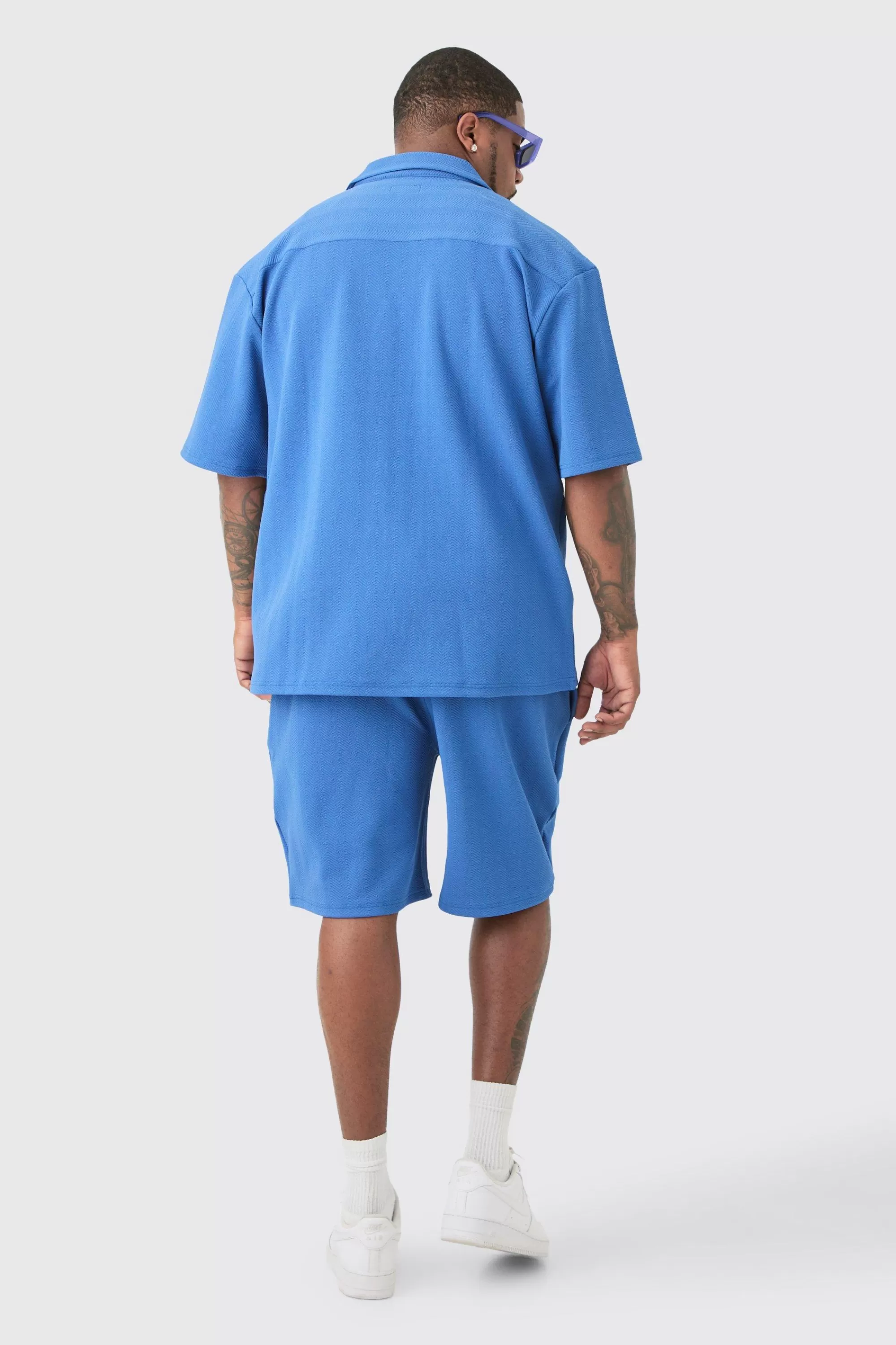 boohooMAN Plus Herringbone Detail Shirt & Short Set In | UK