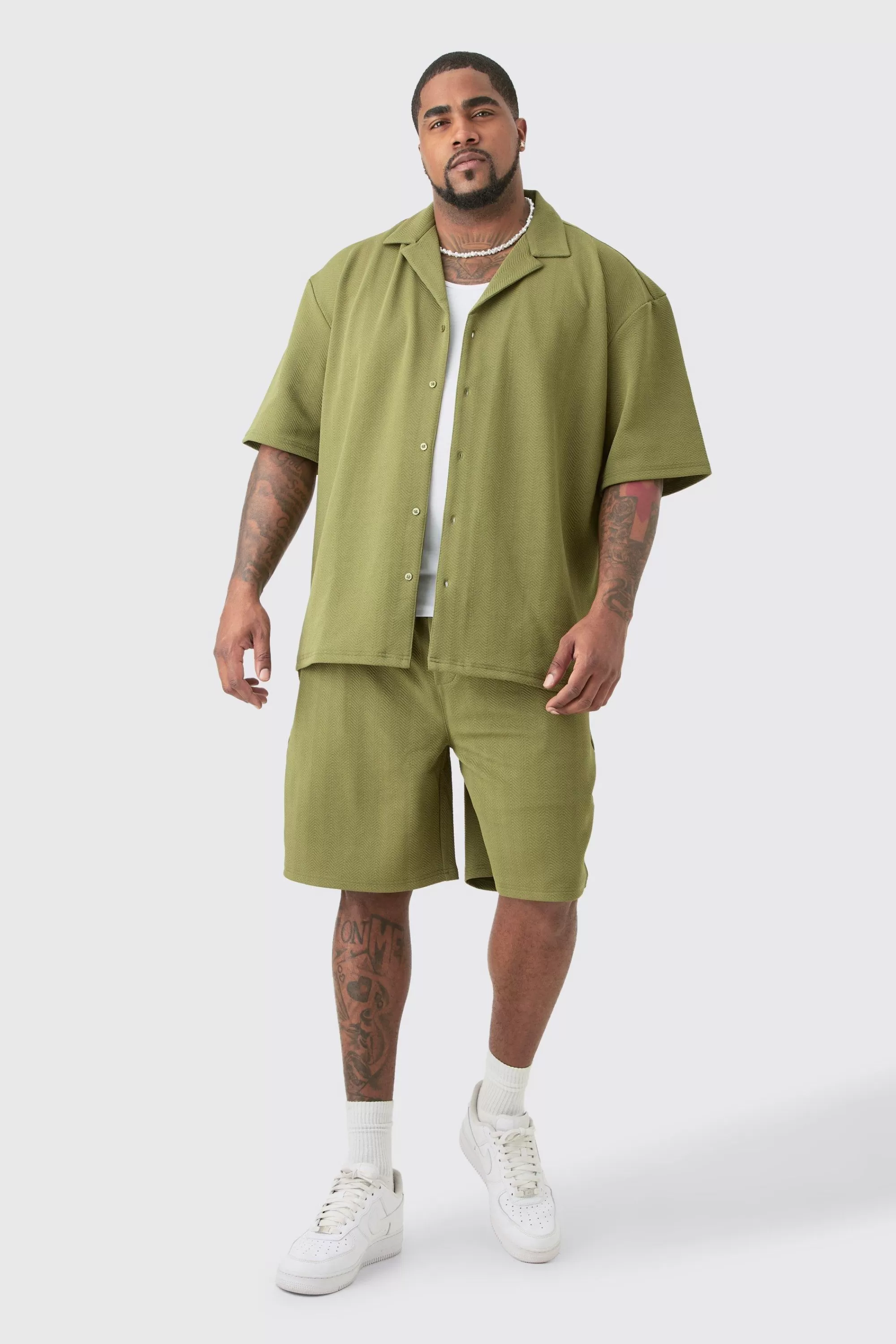boohooMAN Plus Herringbone Detail Shirt & Short Set In | UK