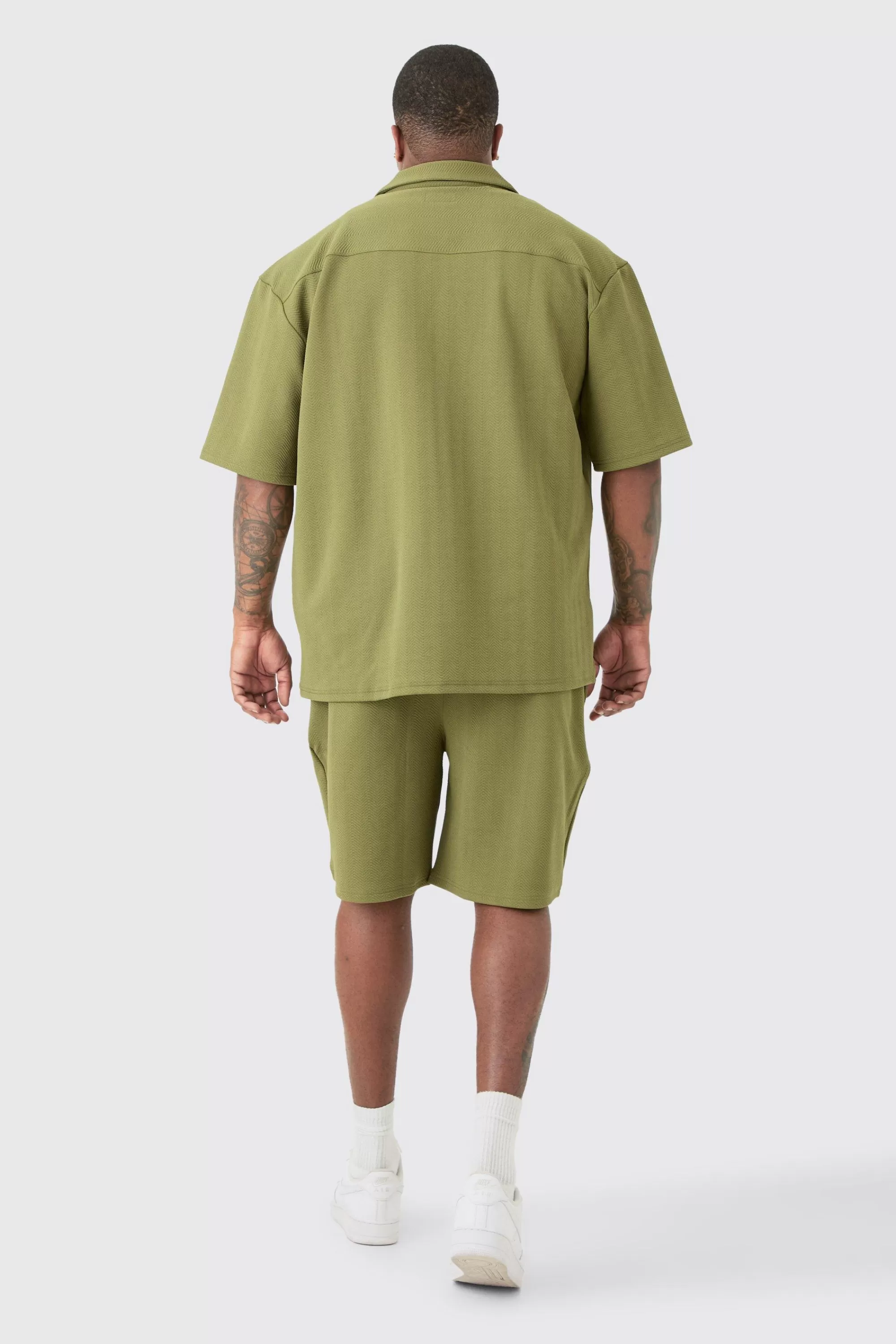 boohooMAN Plus Herringbone Detail Shirt & Short Set In | UK