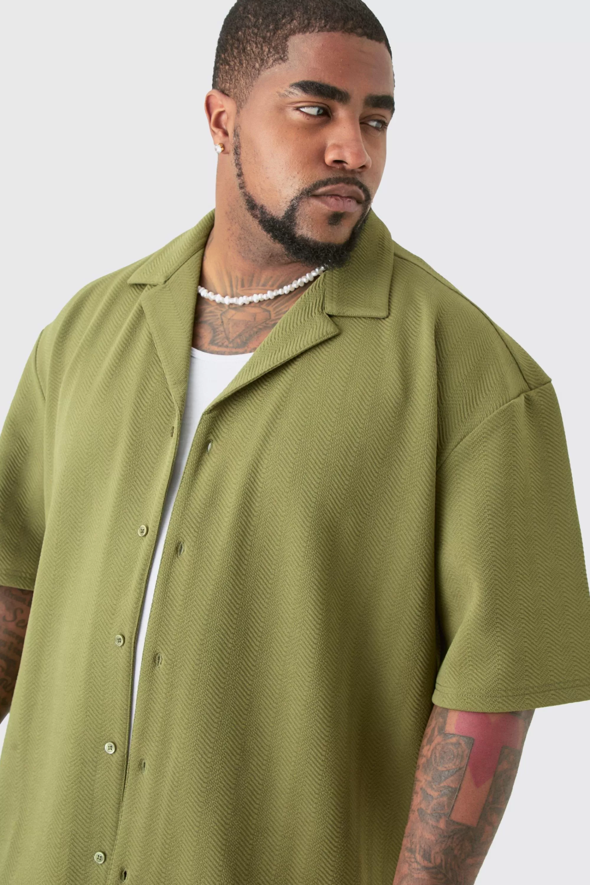 boohooMAN Plus Herringbone Detail Shirt & Short Set In | UK