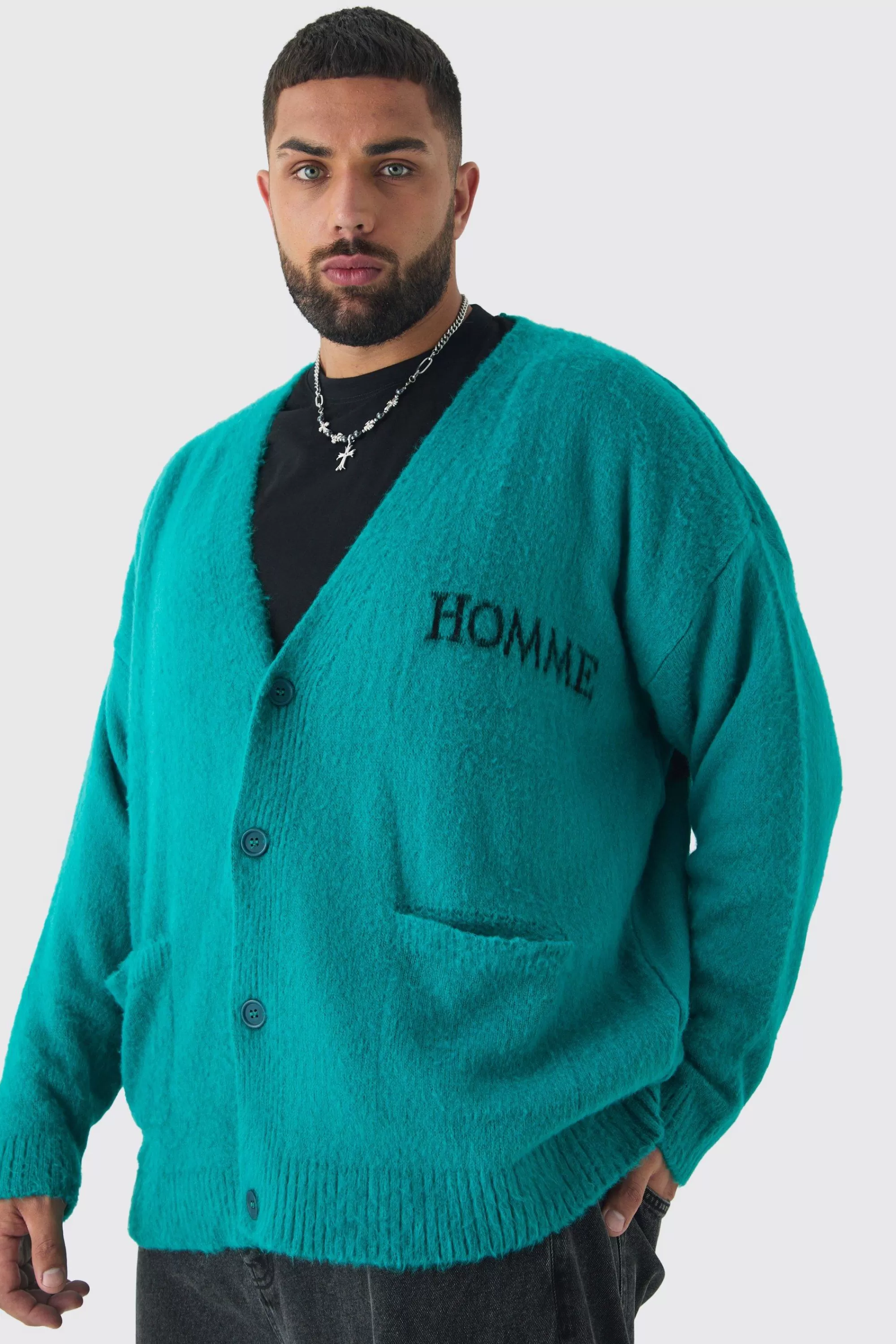 boohooMAN Plus Homme Fluffy Knit Cardigan | UK