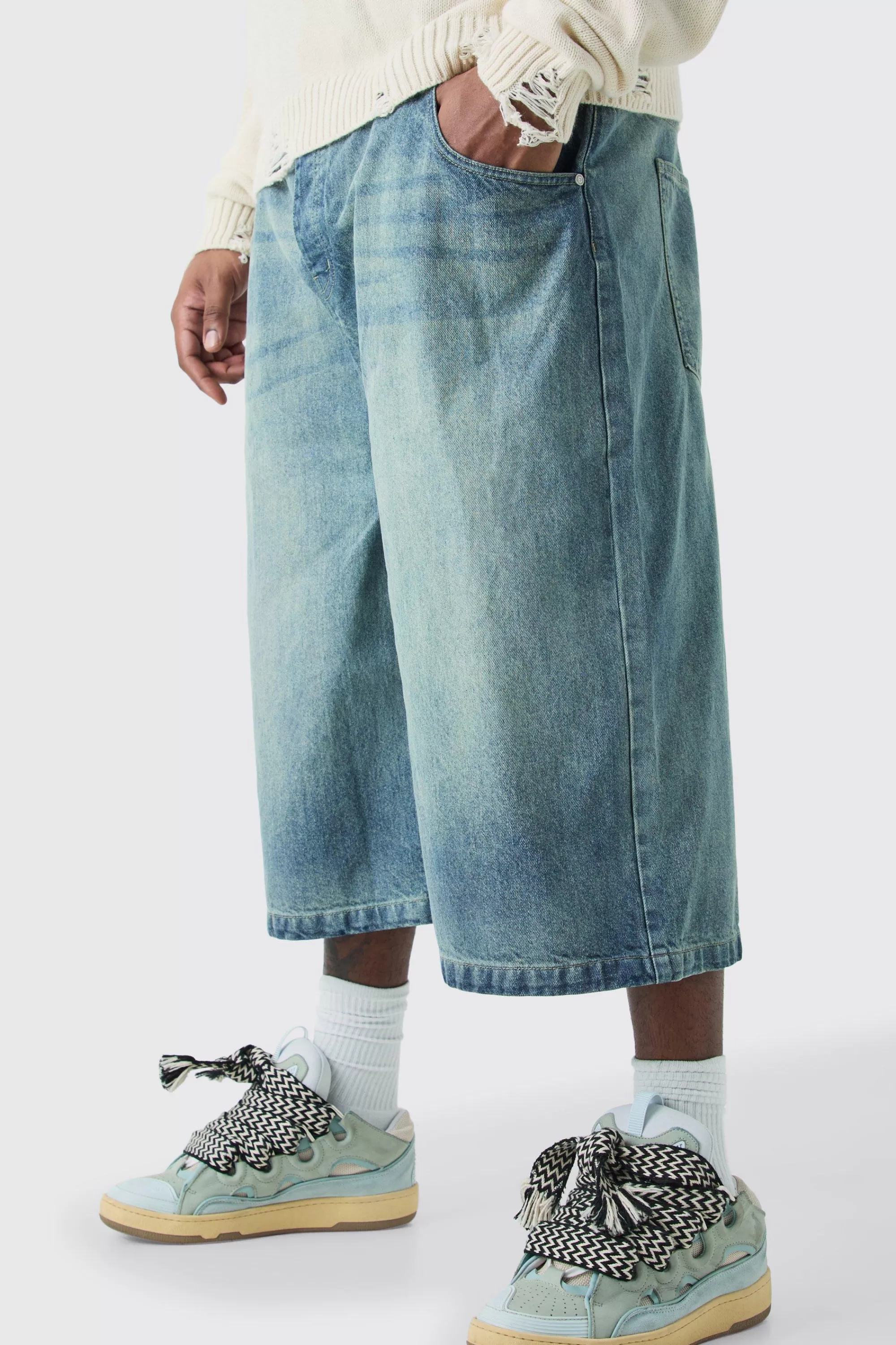 boohooMAN Plus Long Line Denim Jorts In Wash | UK