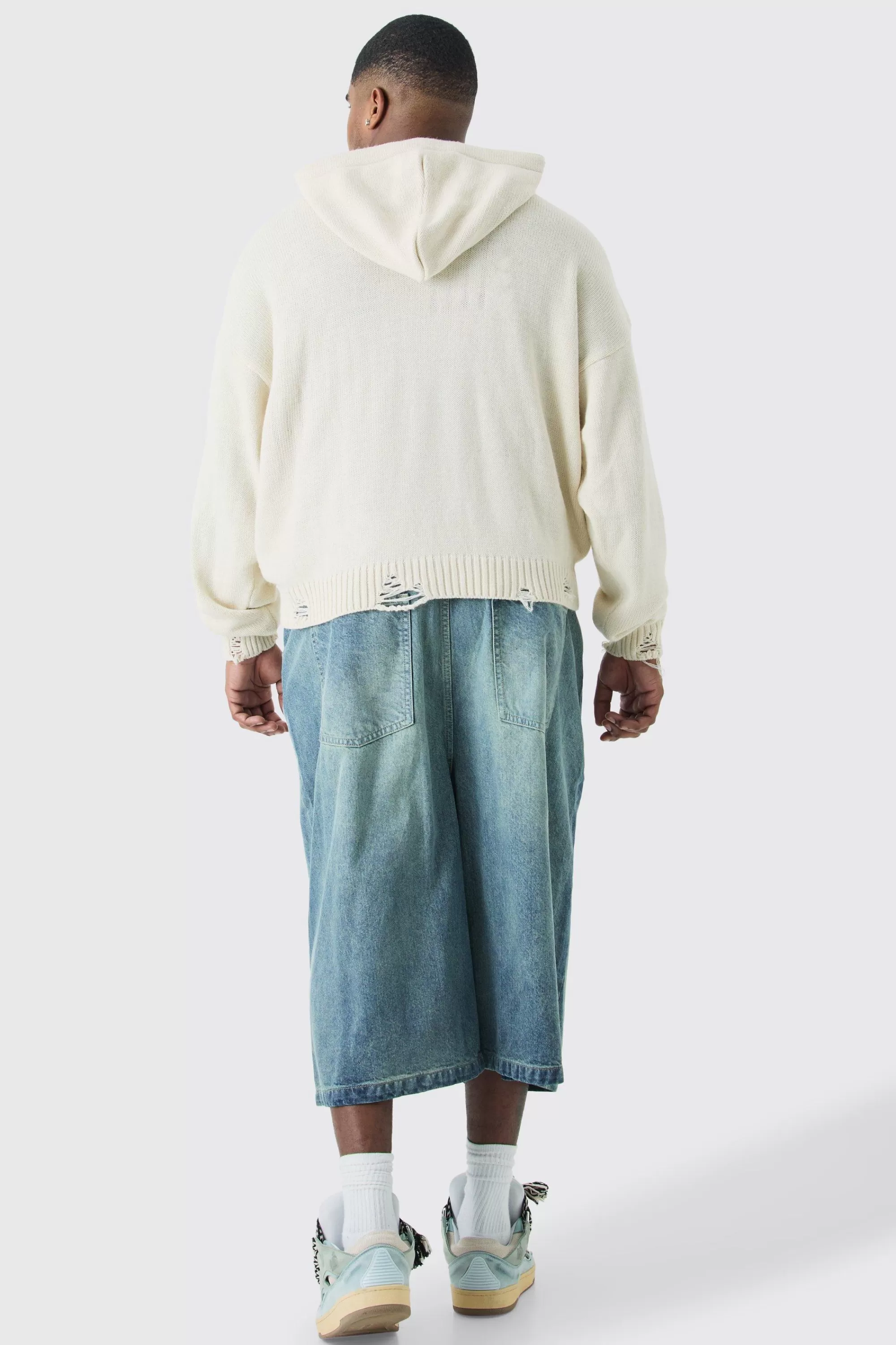 boohooMAN Plus Long Line Denim Jorts In Wash | UK