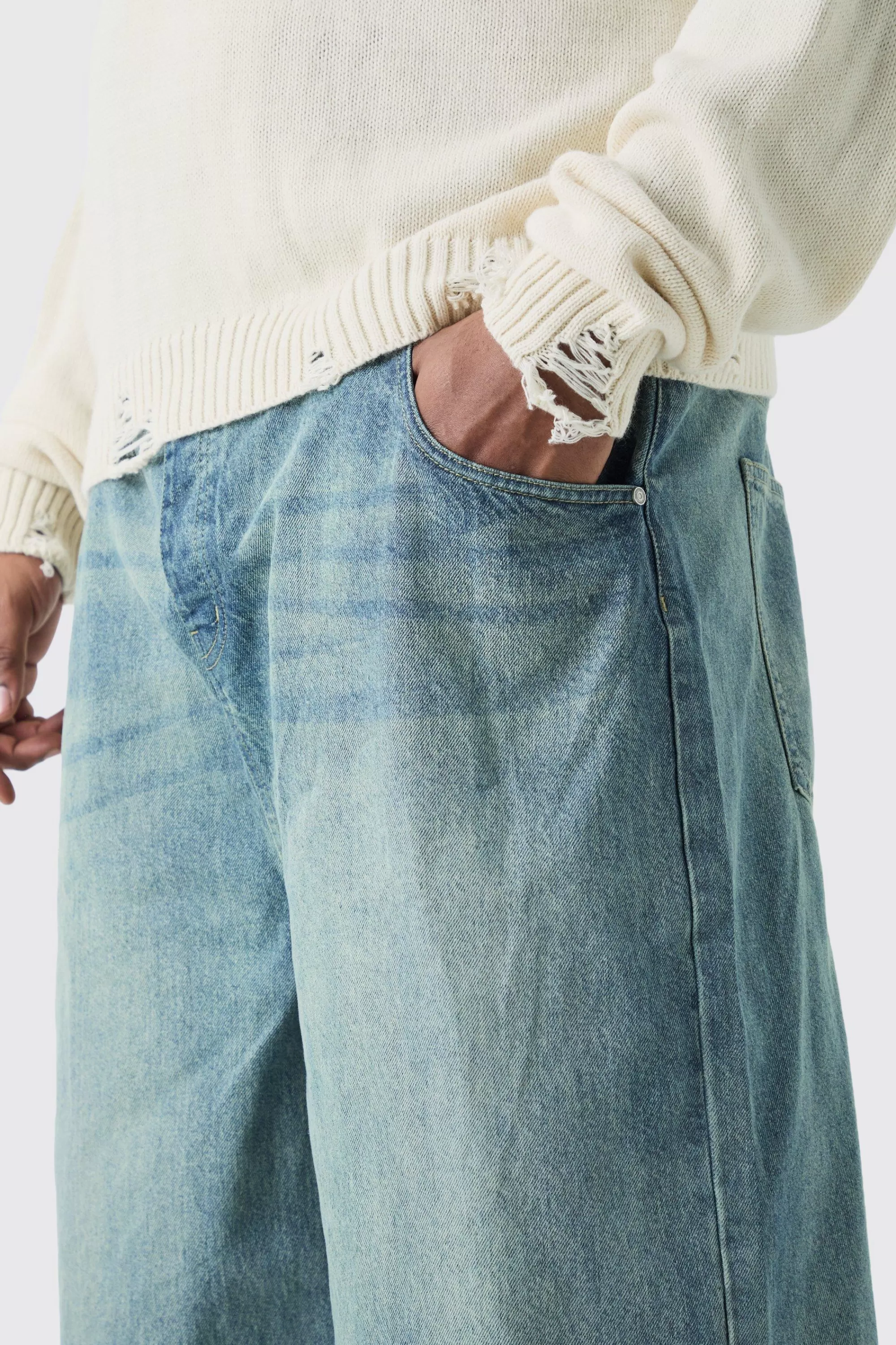 boohooMAN Plus Long Line Denim Jorts In Wash | UK