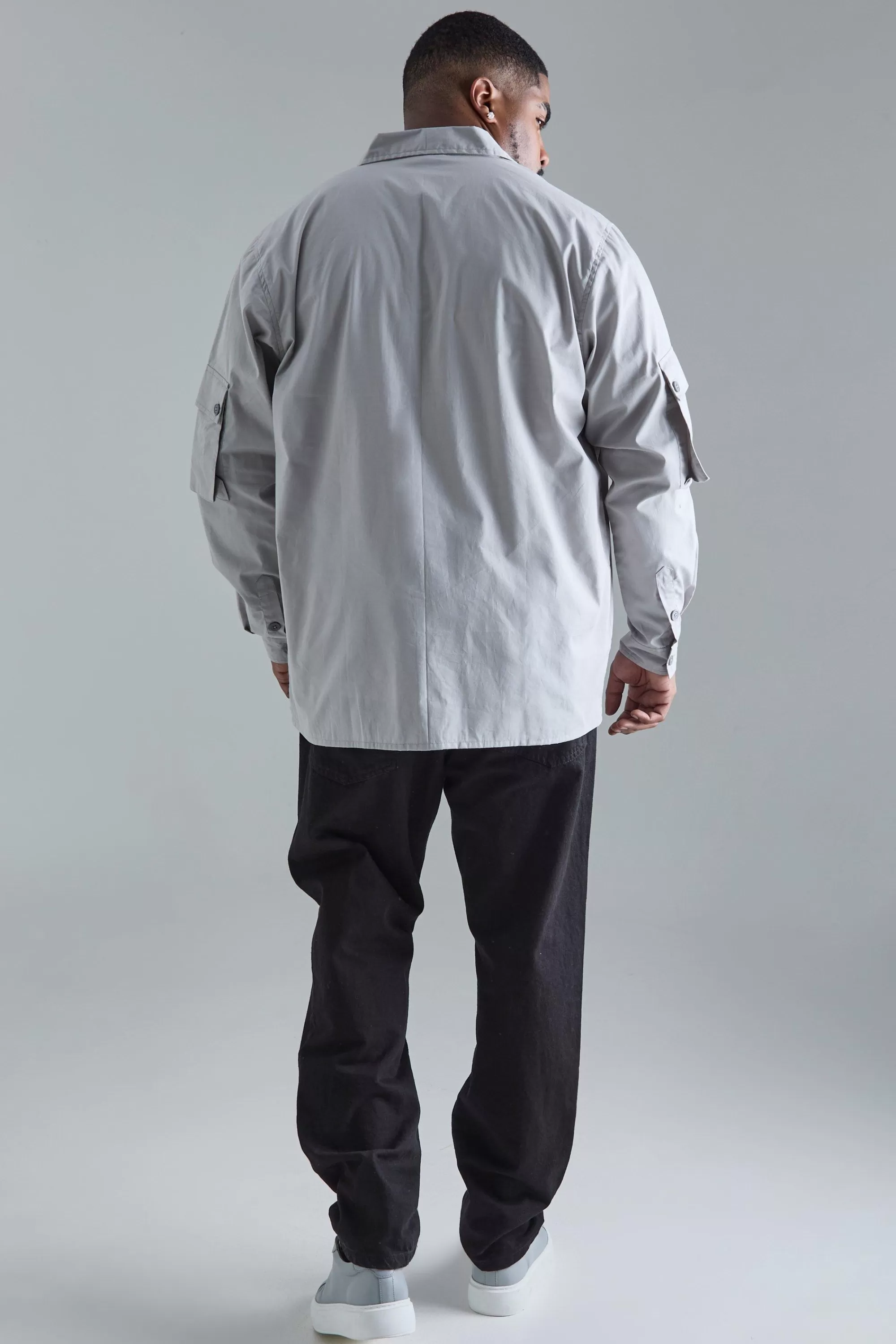 boohooMAN Plus Long Sleeve Poplin Utility Pocket Overshirt | UK
