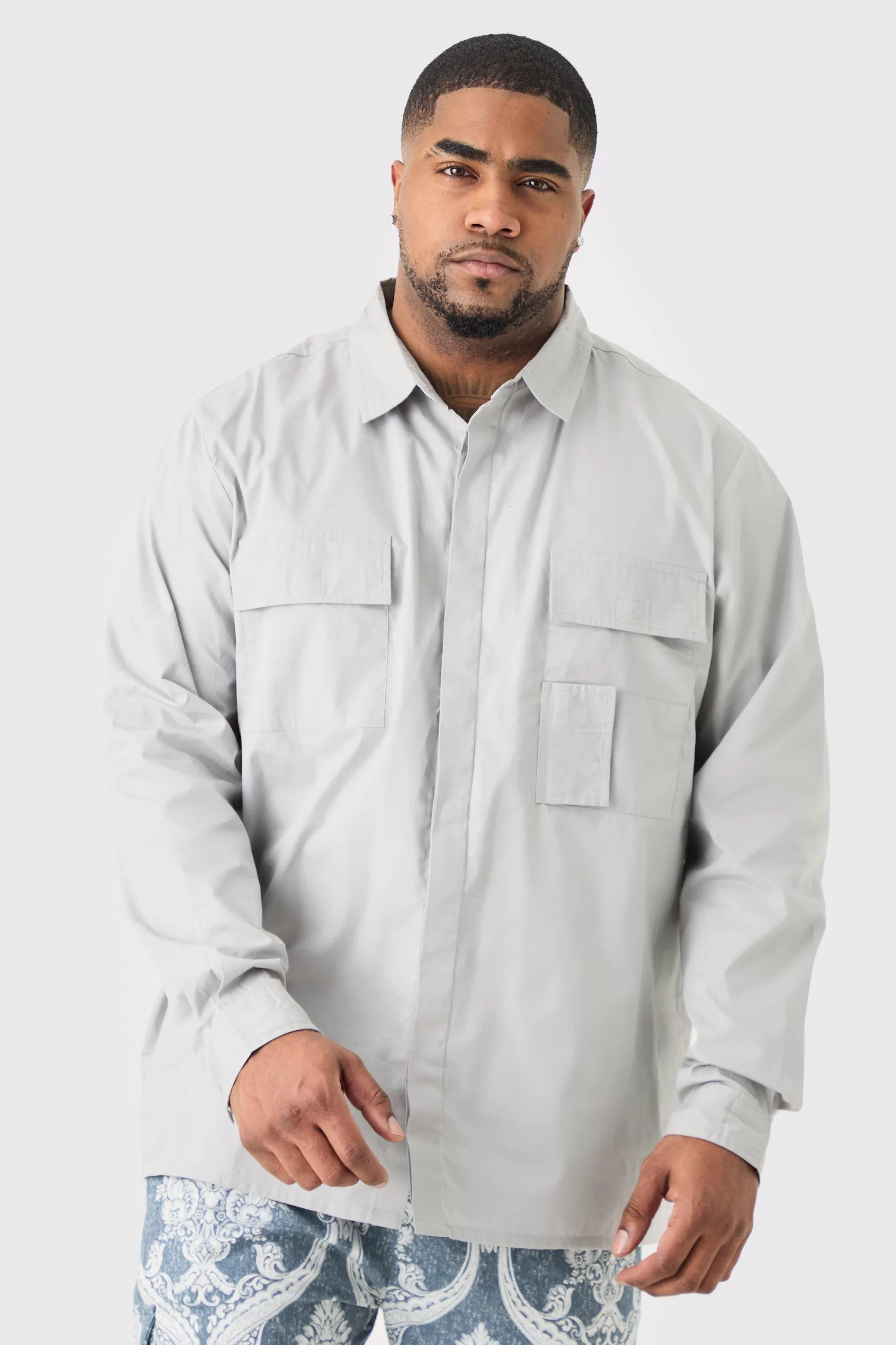 boohooMAN Plus Longsleeve Poplin Utility Layered Shirt | UK