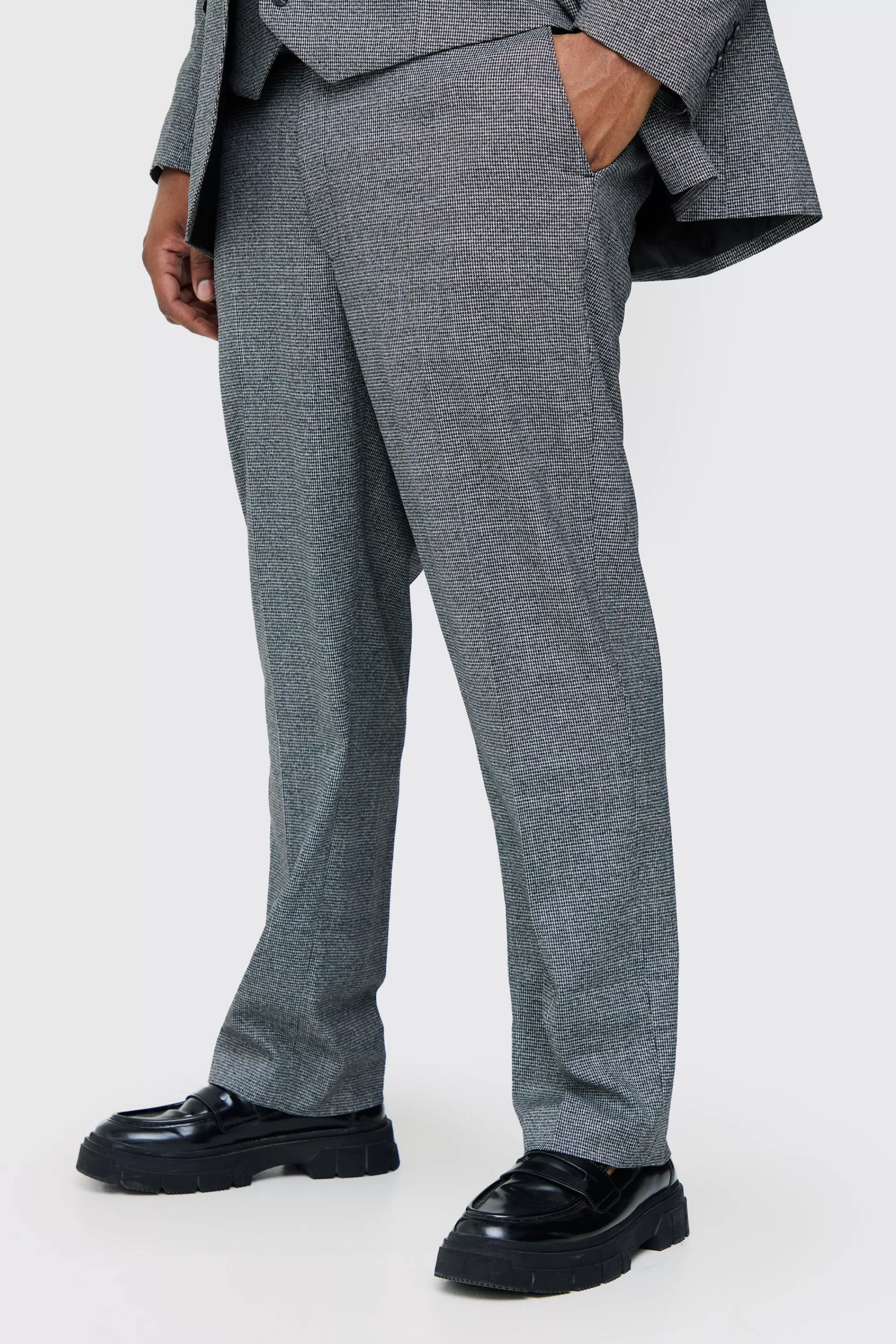 boohooMAN Plus Mini Dogtooth Regular Fit Suit Trouser | UK