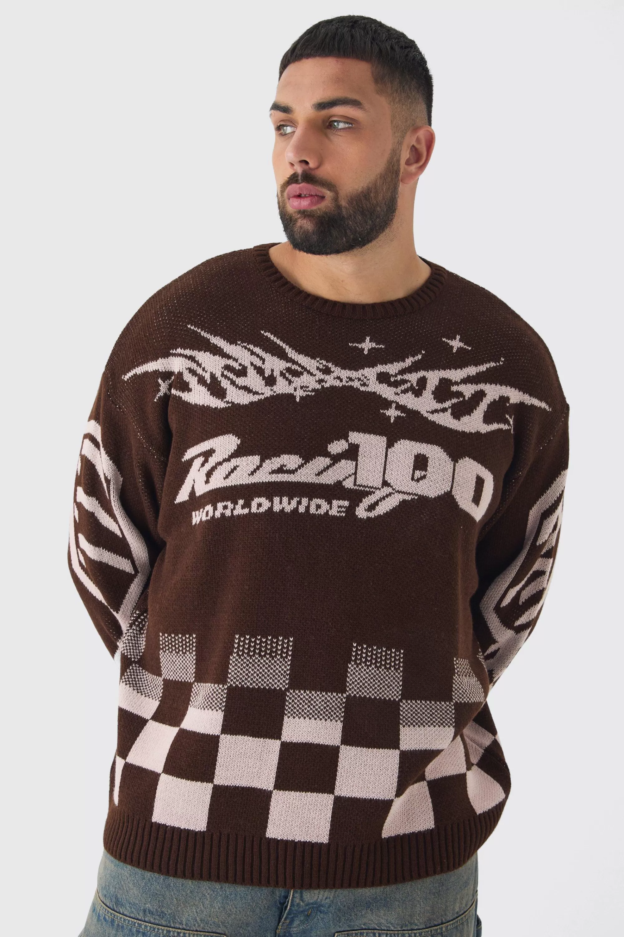 boohooMAN Plus Moto Crew Neck Knitted Jumper In | UK