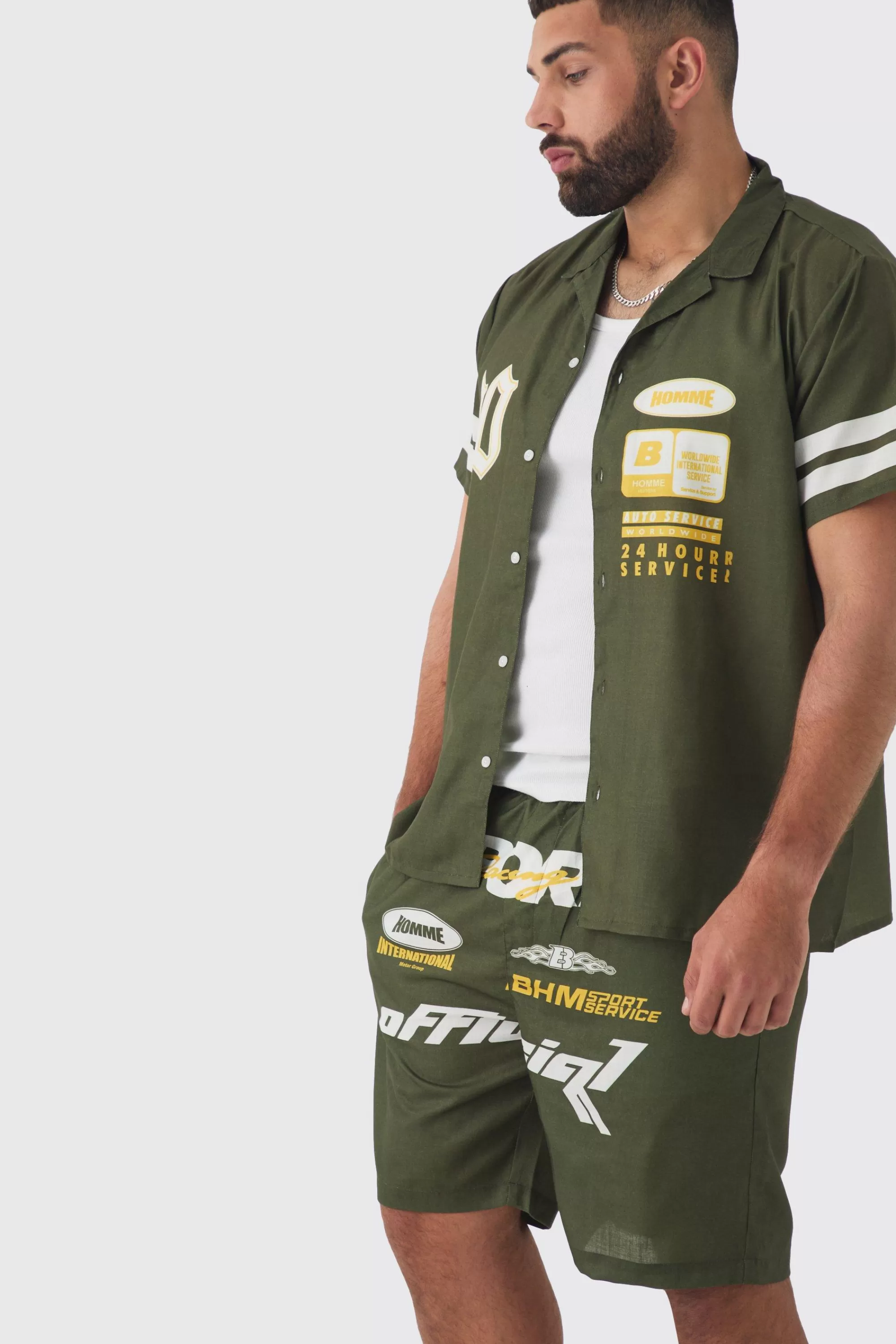 boohooMAN Plus Moto Print Shirt & Short Set In | UK