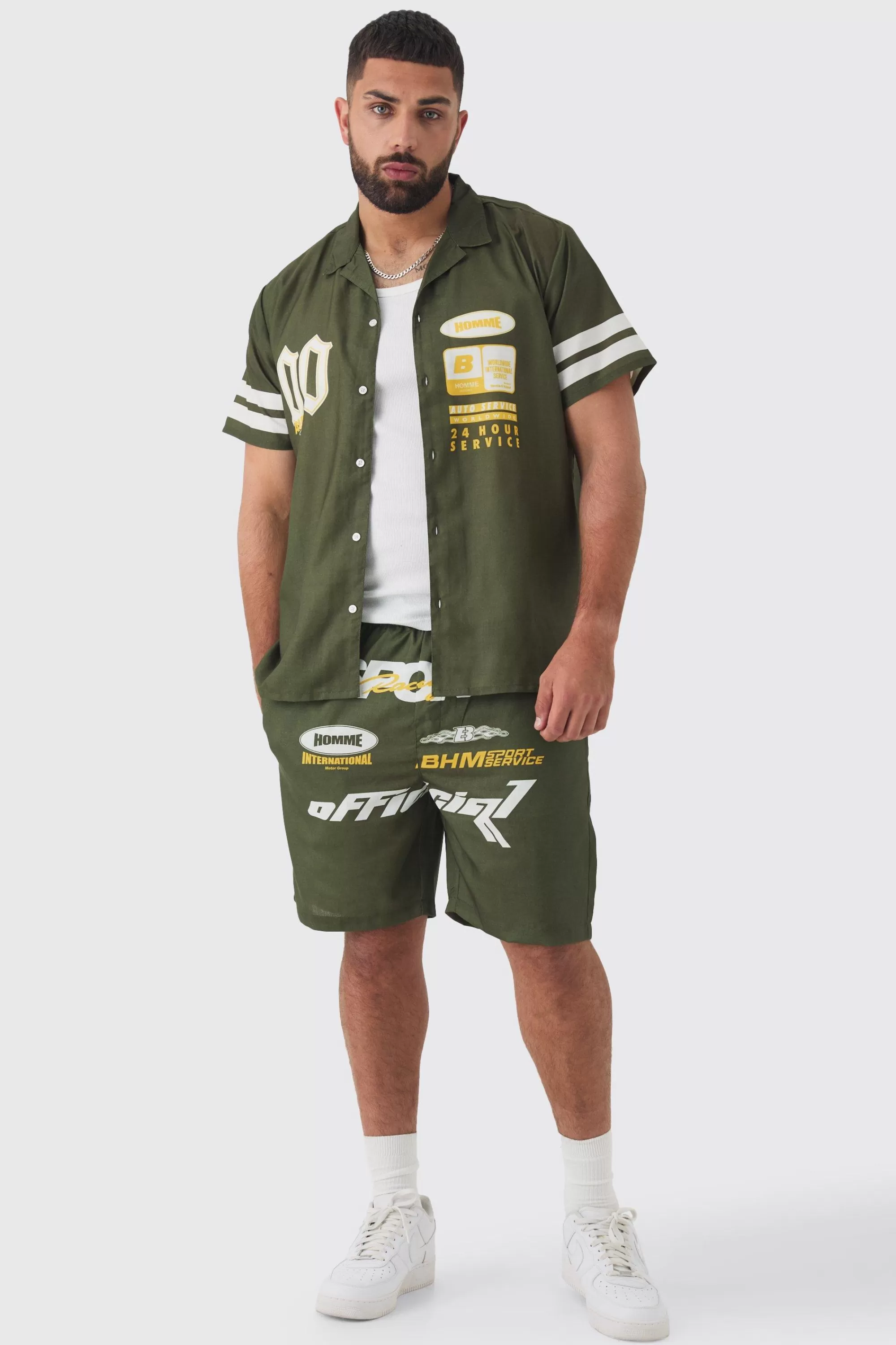 boohooMAN Plus Moto Print Shirt & Short Set In | UK