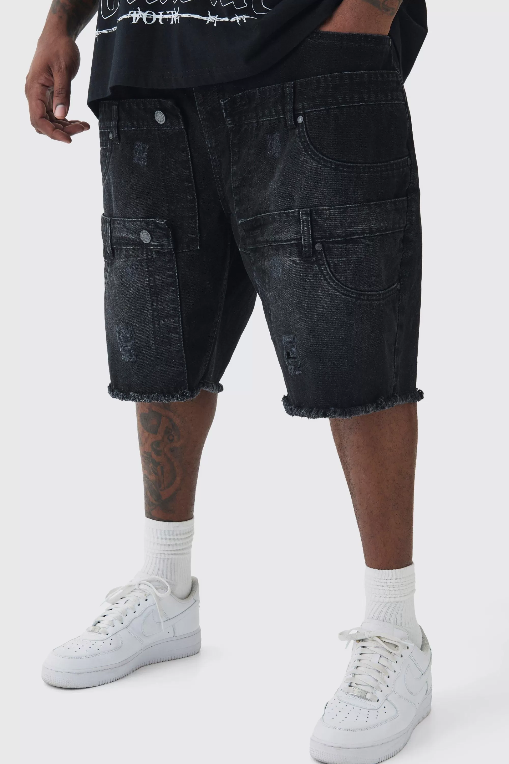 boohooMAN Plus Multi Waistband Relaxed Fit Denim Shorts | UK