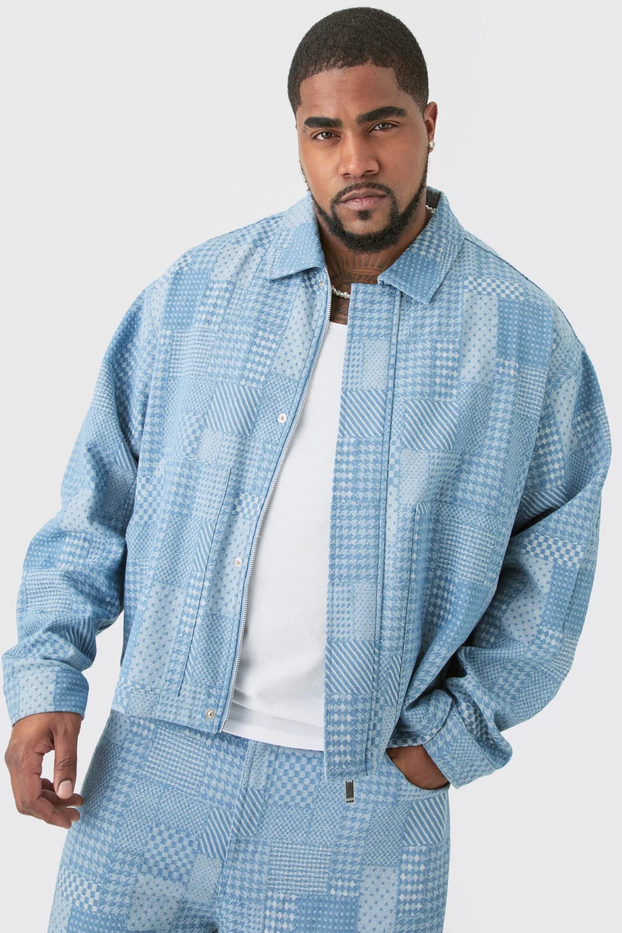 boohooMAN Plus Oversized Fit Fabric Interest Denim Jacket | UK