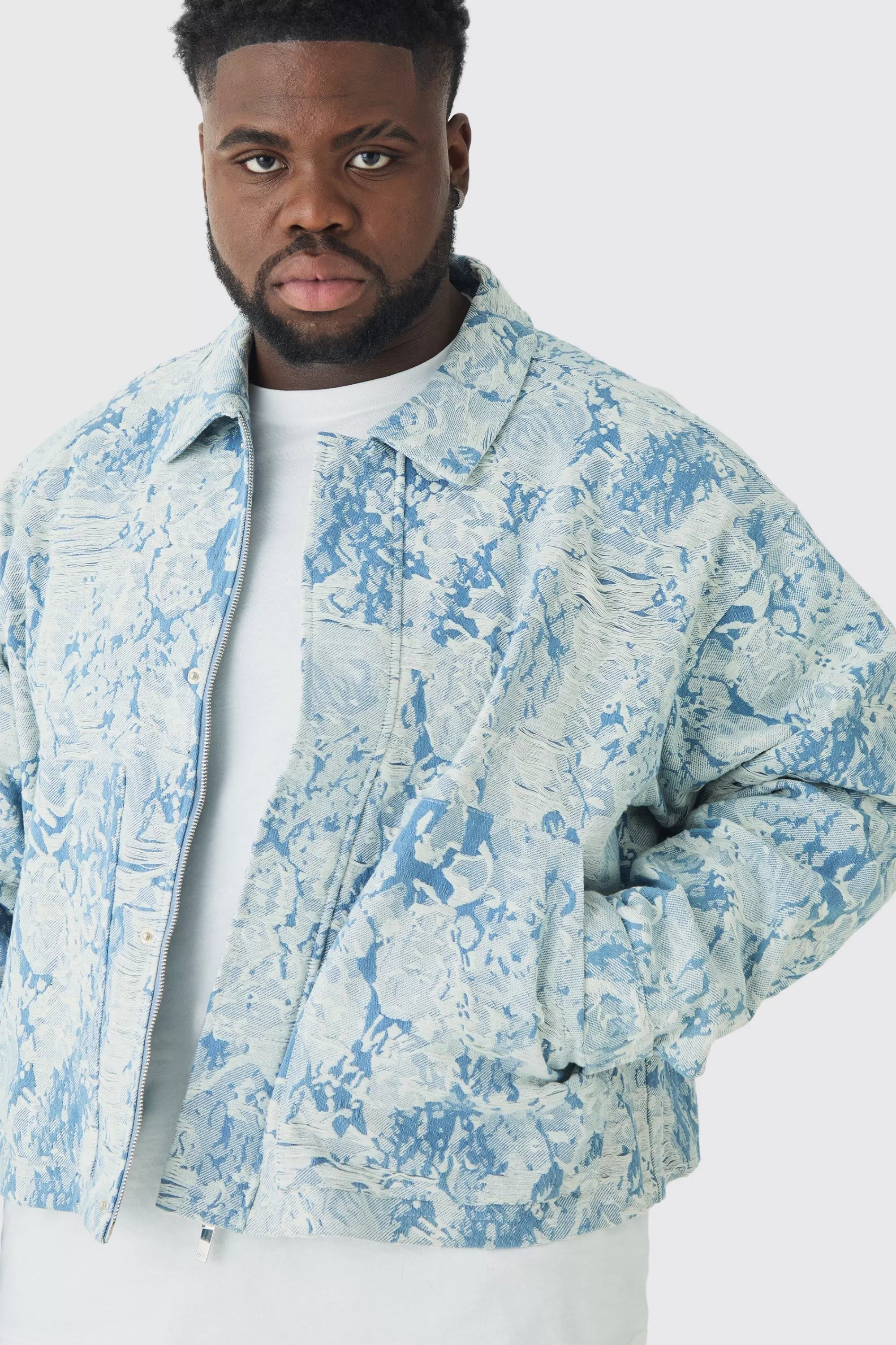 boohooMAN Plus Oversized Fit Fabric Interest Denim Jacket | UK