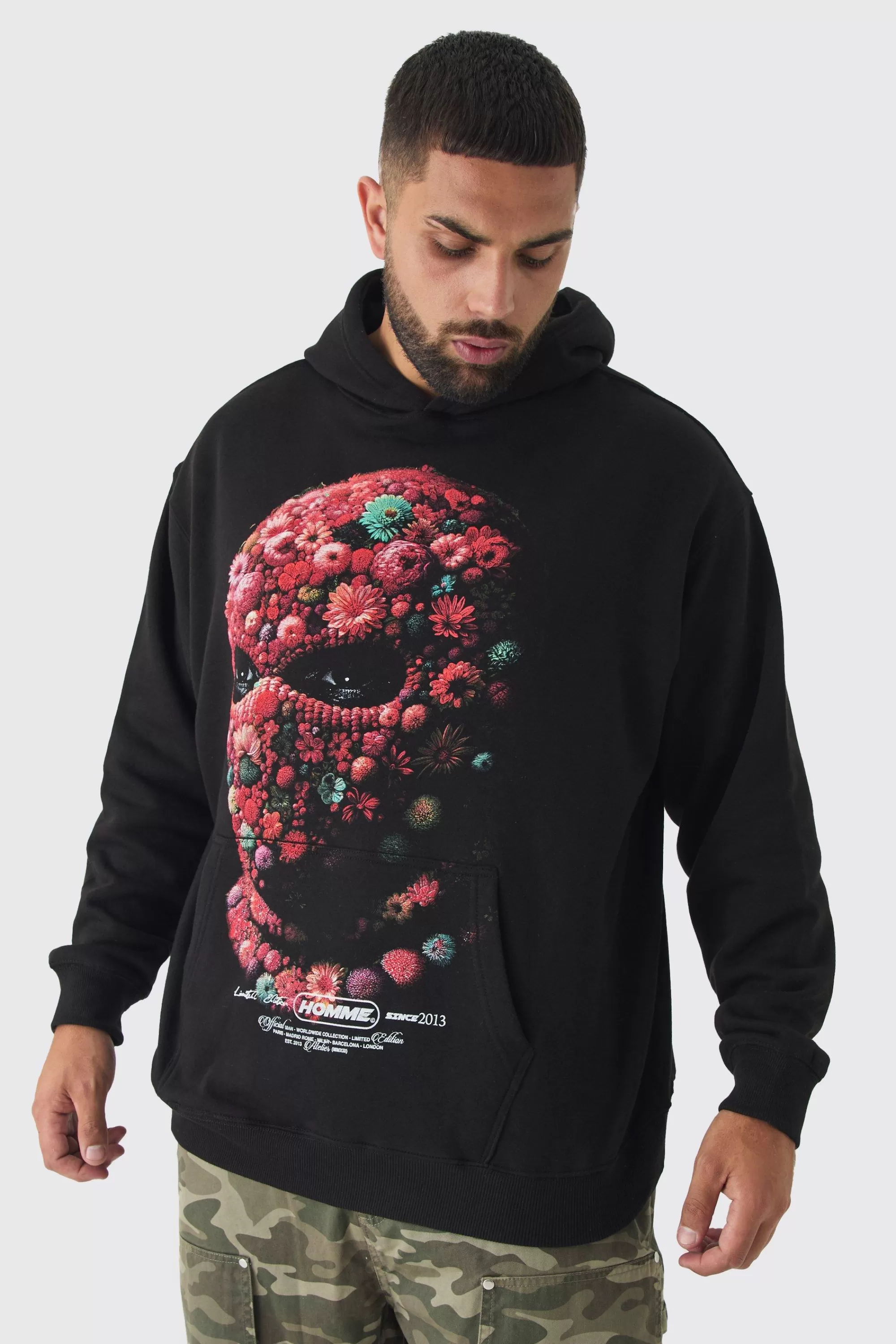 boohooMAN Plus Oversized Floral Balaclava Print Hoodie | UK