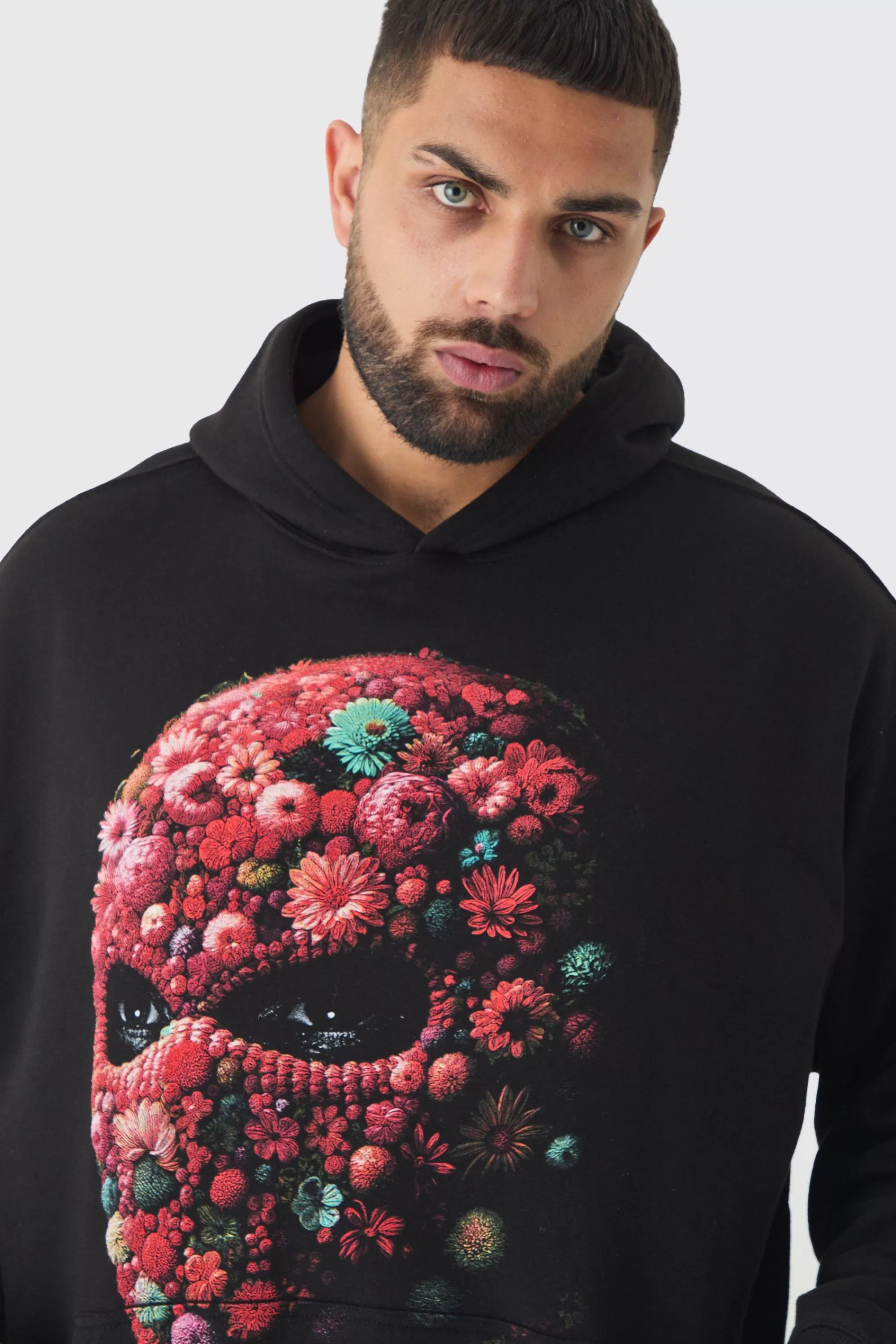 boohooMAN Plus Oversized Floral Balaclava Print Hoodie | UK
