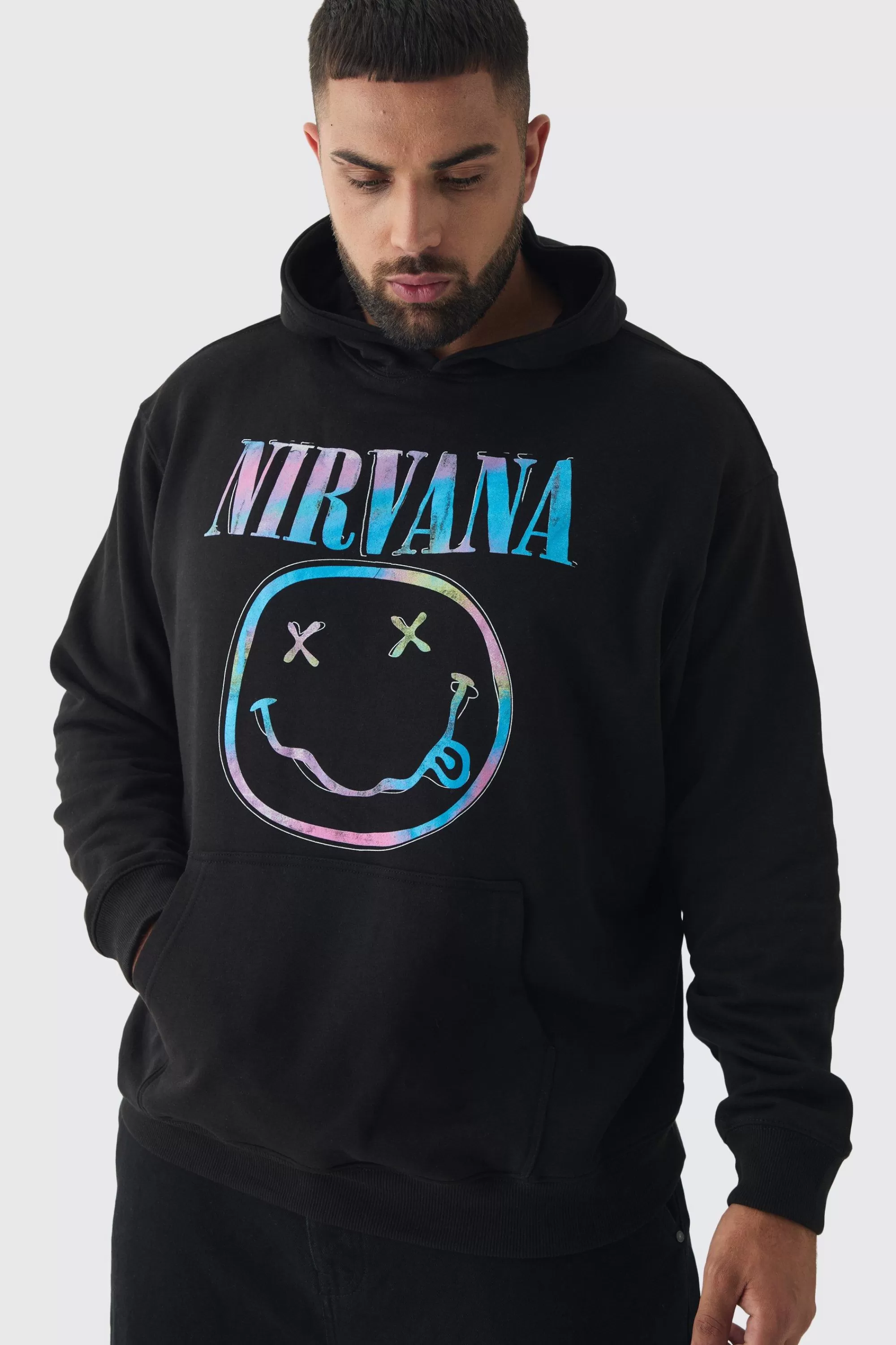 boohooMAN Plus Oversized Nirvana Face License Print Hoodie | UK