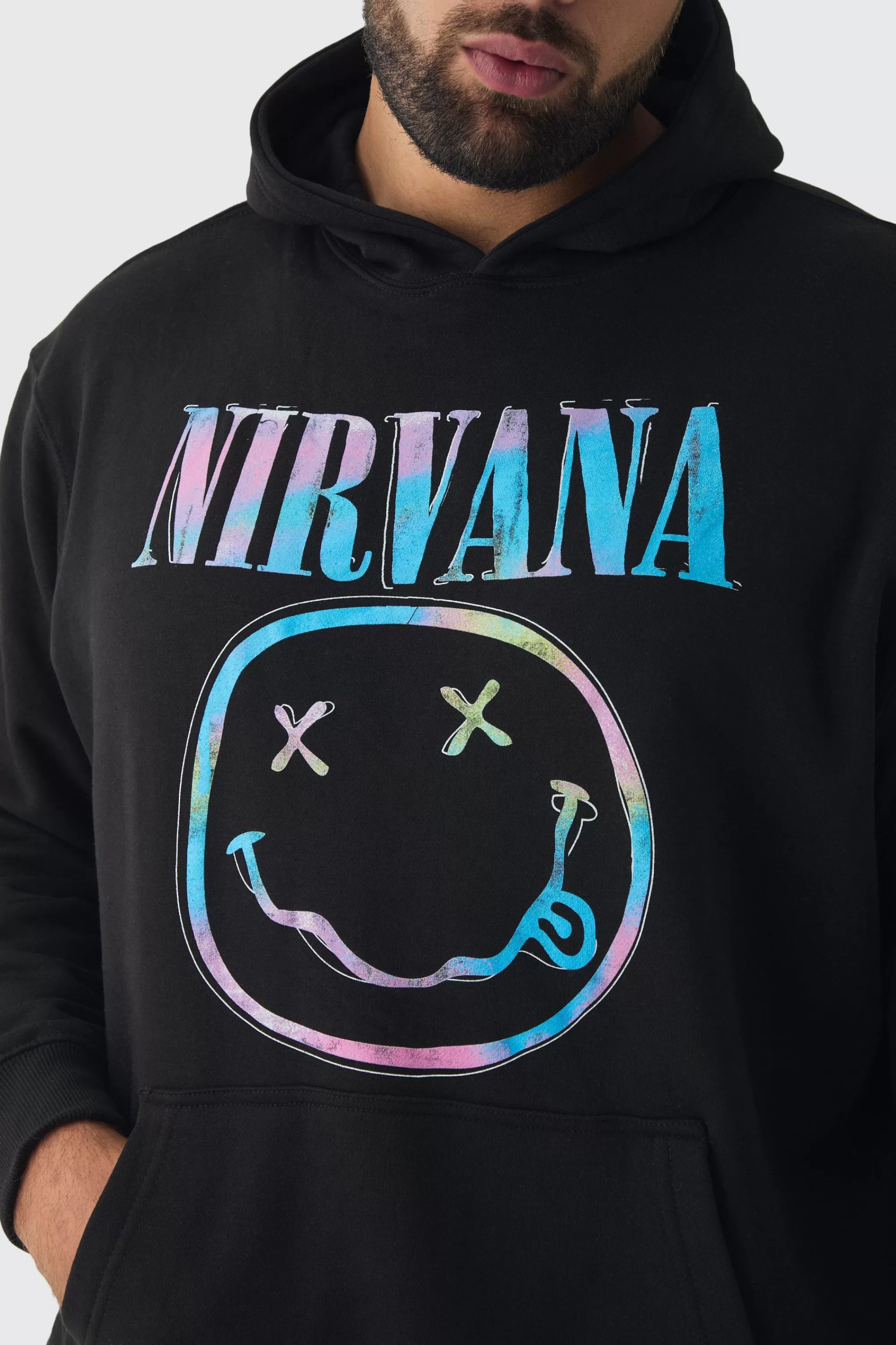 boohooMAN Plus Oversized Nirvana Face License Print Hoodie | UK