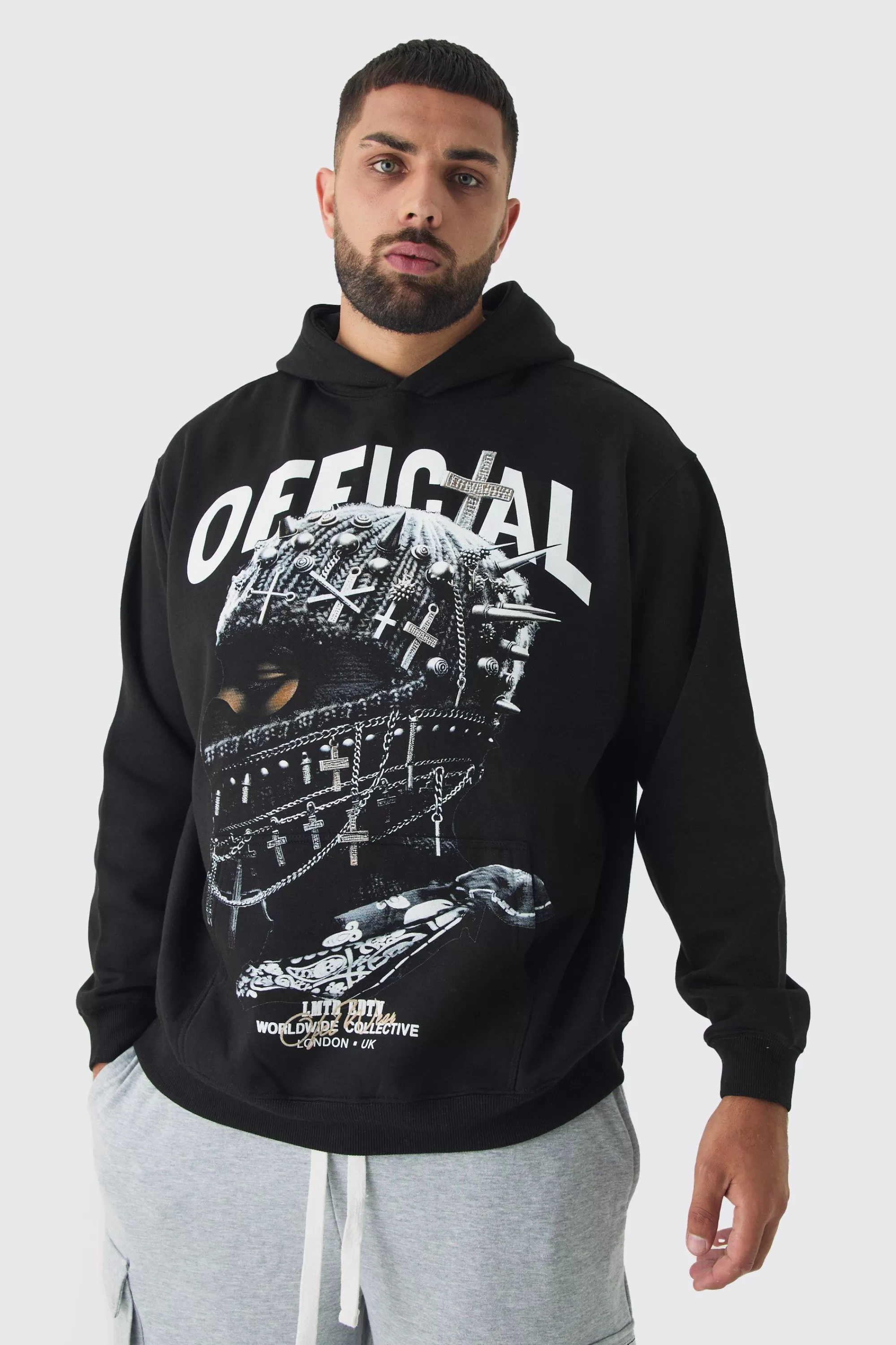 boohooMAN Plus Oversized Official Balaclava Print Hoodie | UK