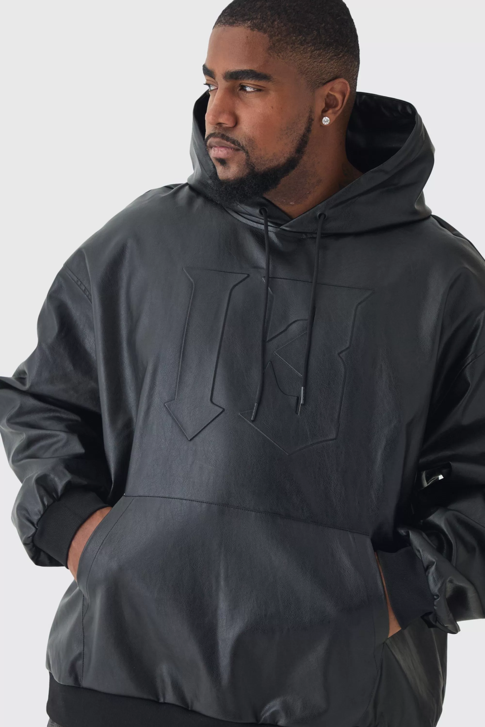 boohooMAN Plus Oversized Pu Drop Shoulder Embossed Hoodie | UK