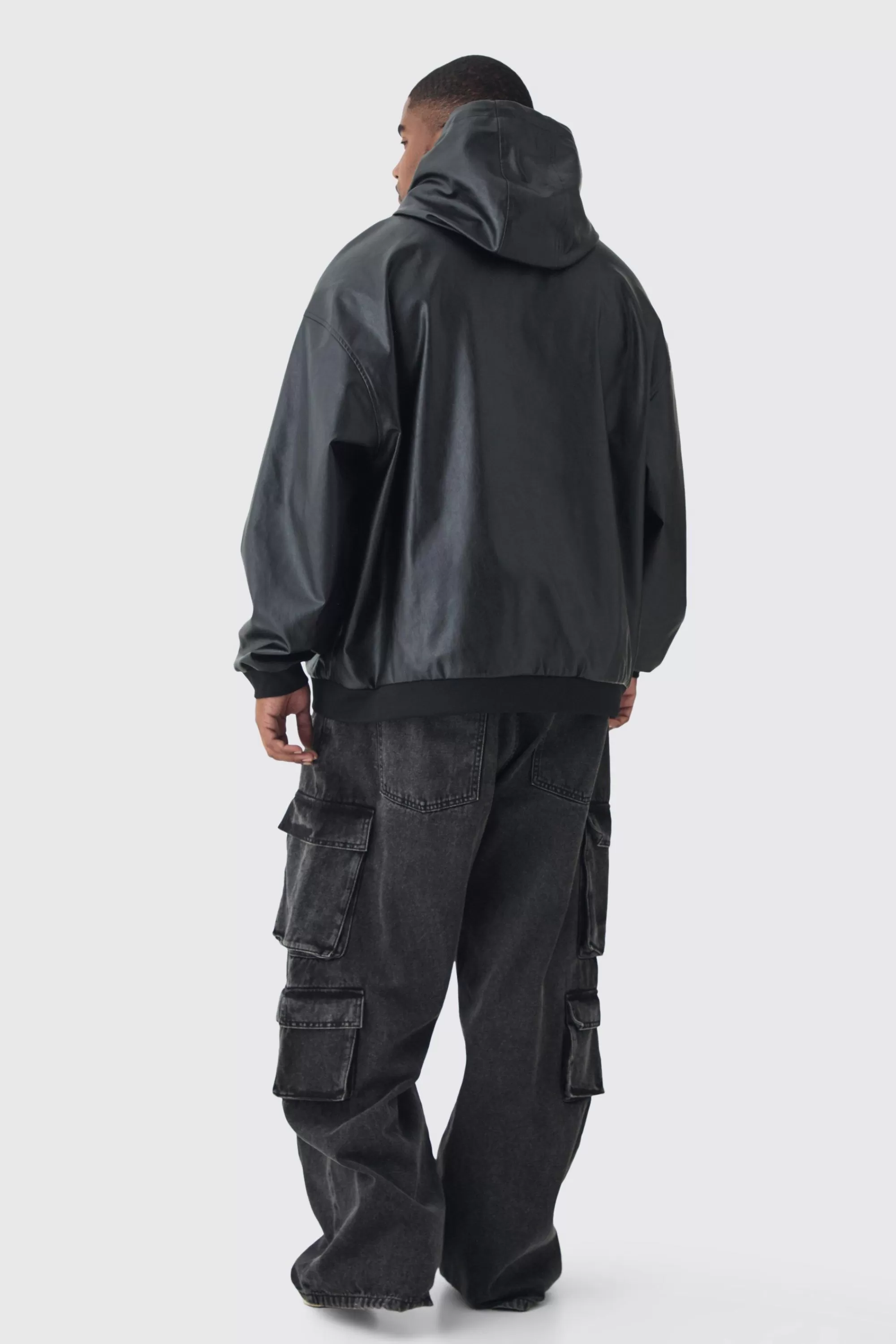 boohooMAN Plus Oversized Pu Drop Shoulder Embossed Hoodie | UK