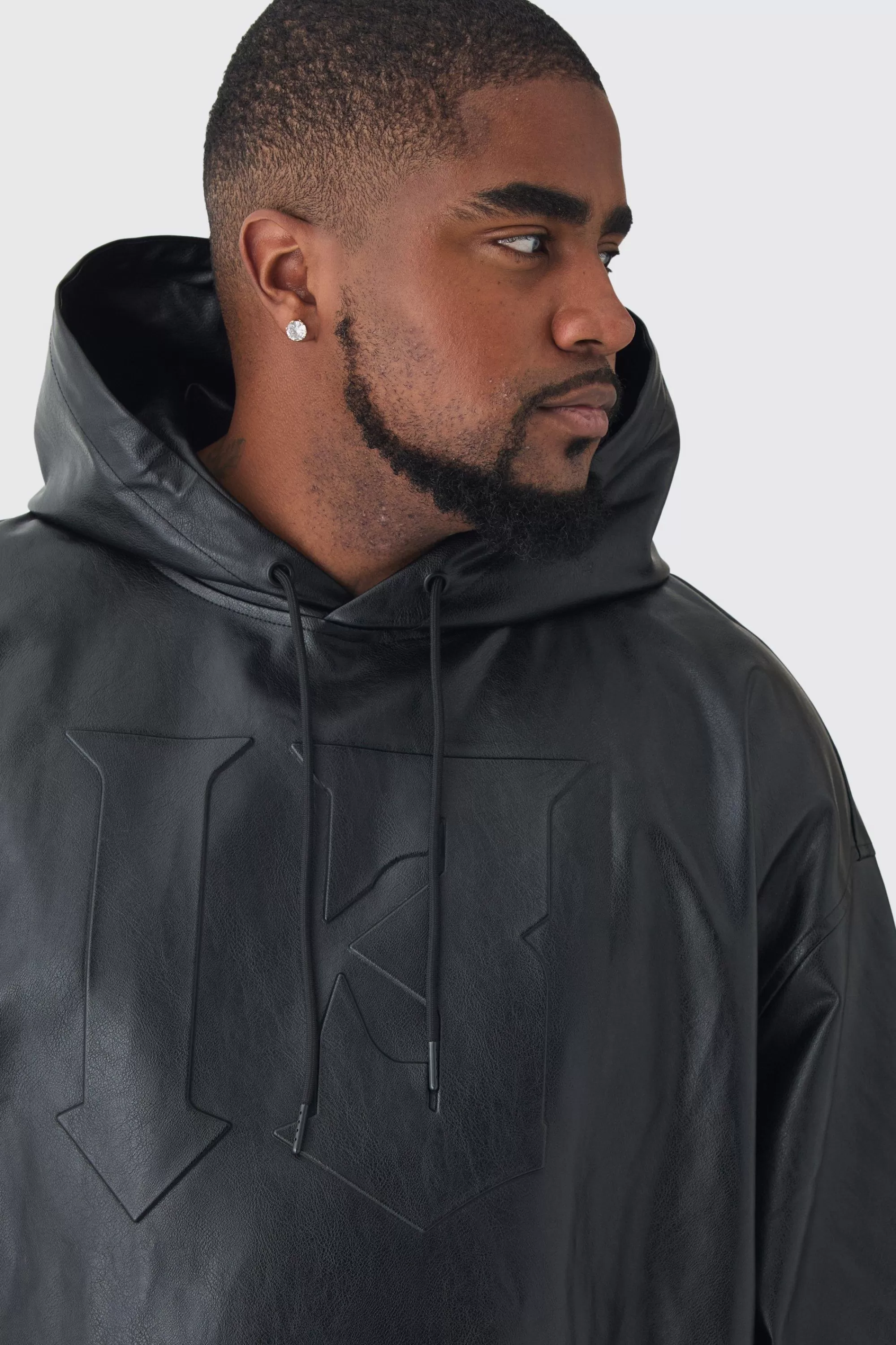boohooMAN Plus Oversized Pu Drop Shoulder Embossed Hoodie | UK