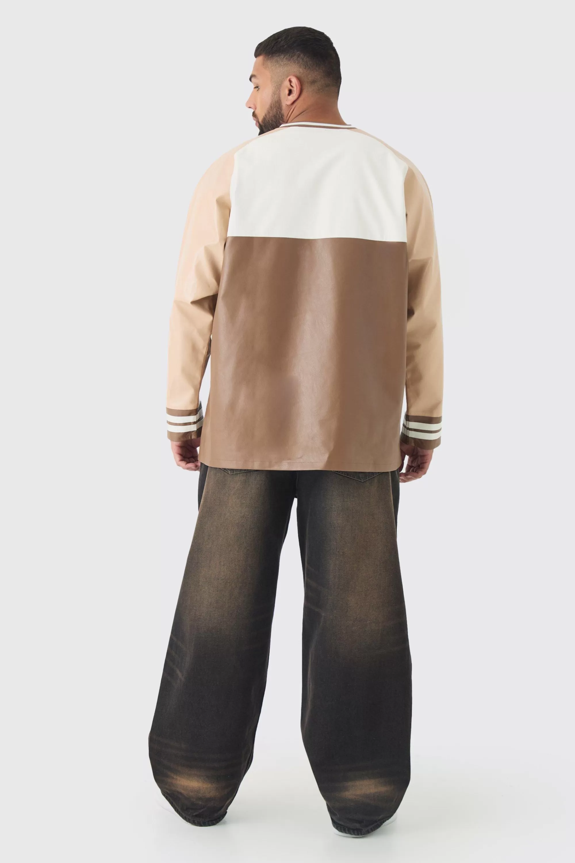 boohooMAN Plus Oversized PU Raglan Embroidered Varsity Shirt | UK
