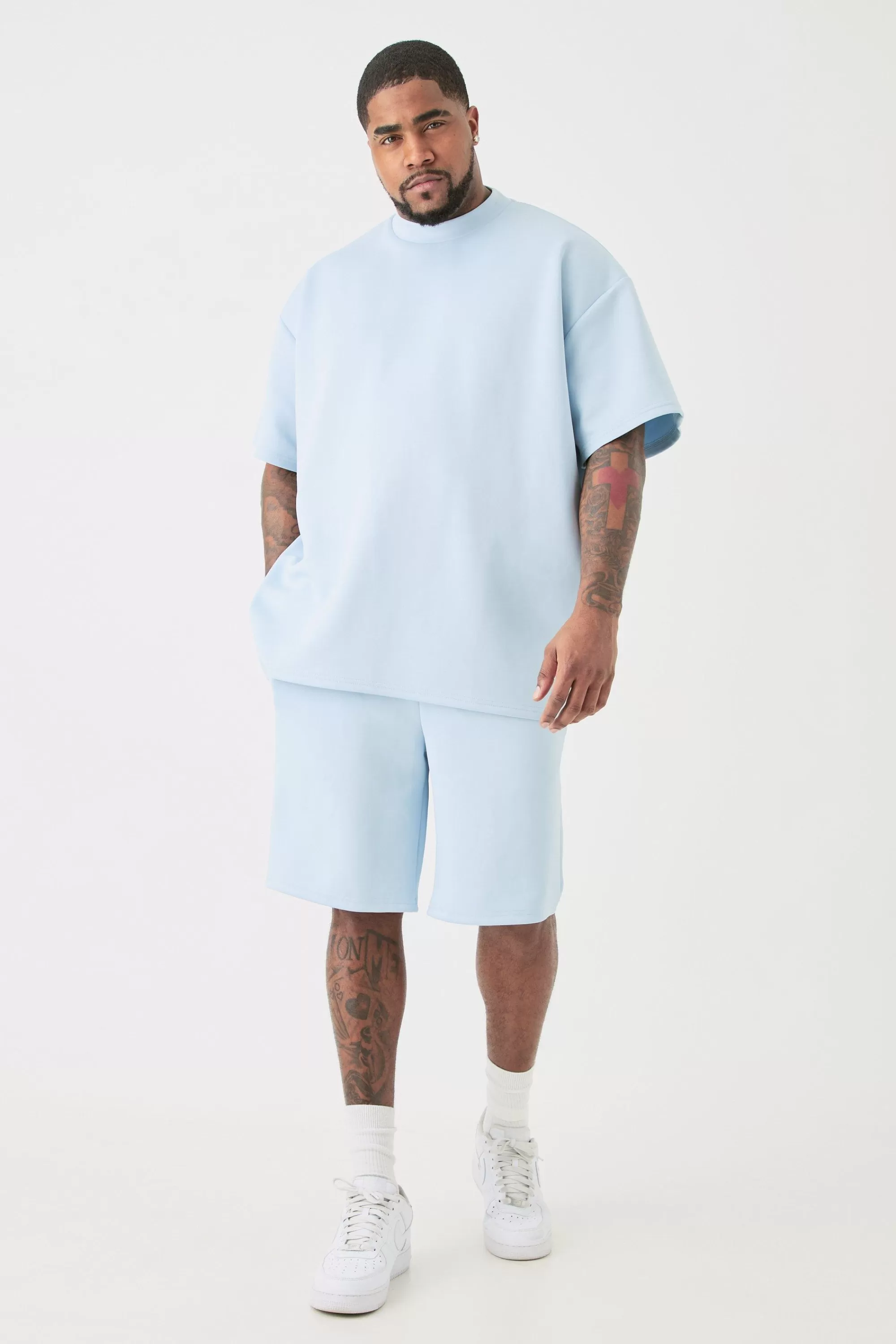 boohooMAN Plus Oversized Scuba T-shirt & Relaxed Short Set | UK