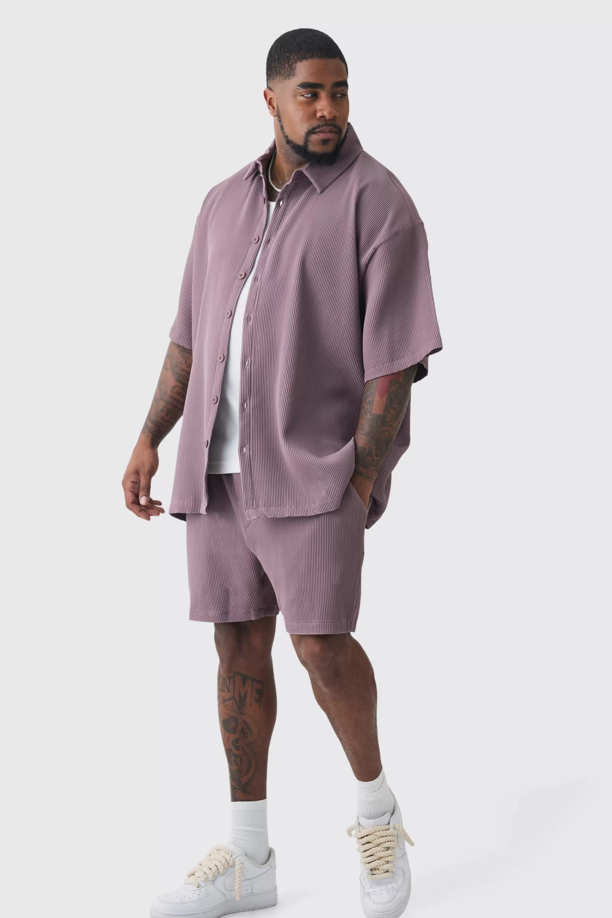 boohooMAN Plus Oversized Short Sleeve Pleated Shirt & Short Set In | UK