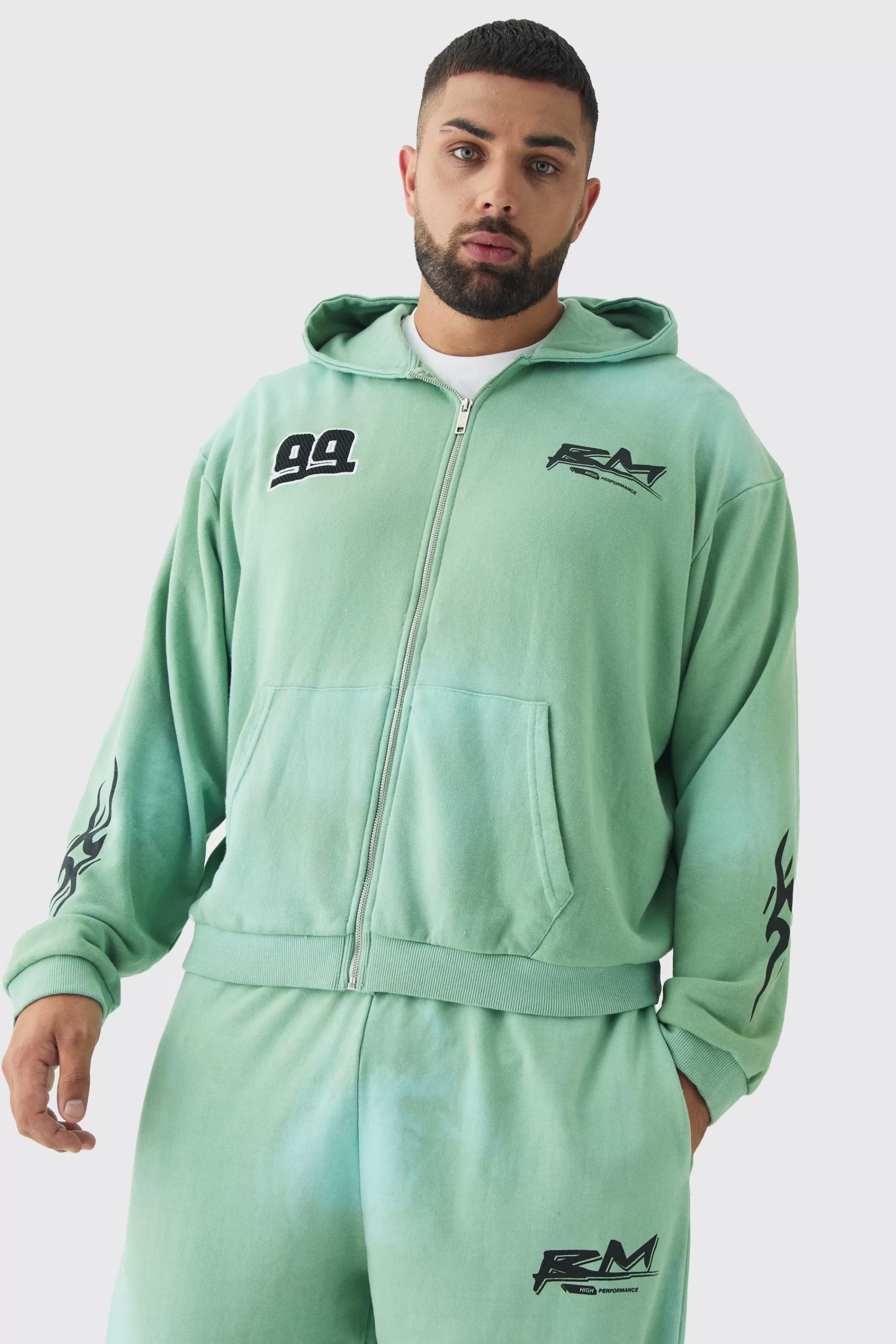 boohooMAN Plus Oversized Zip Thru Heavy Washed Applique Hoodie | UK