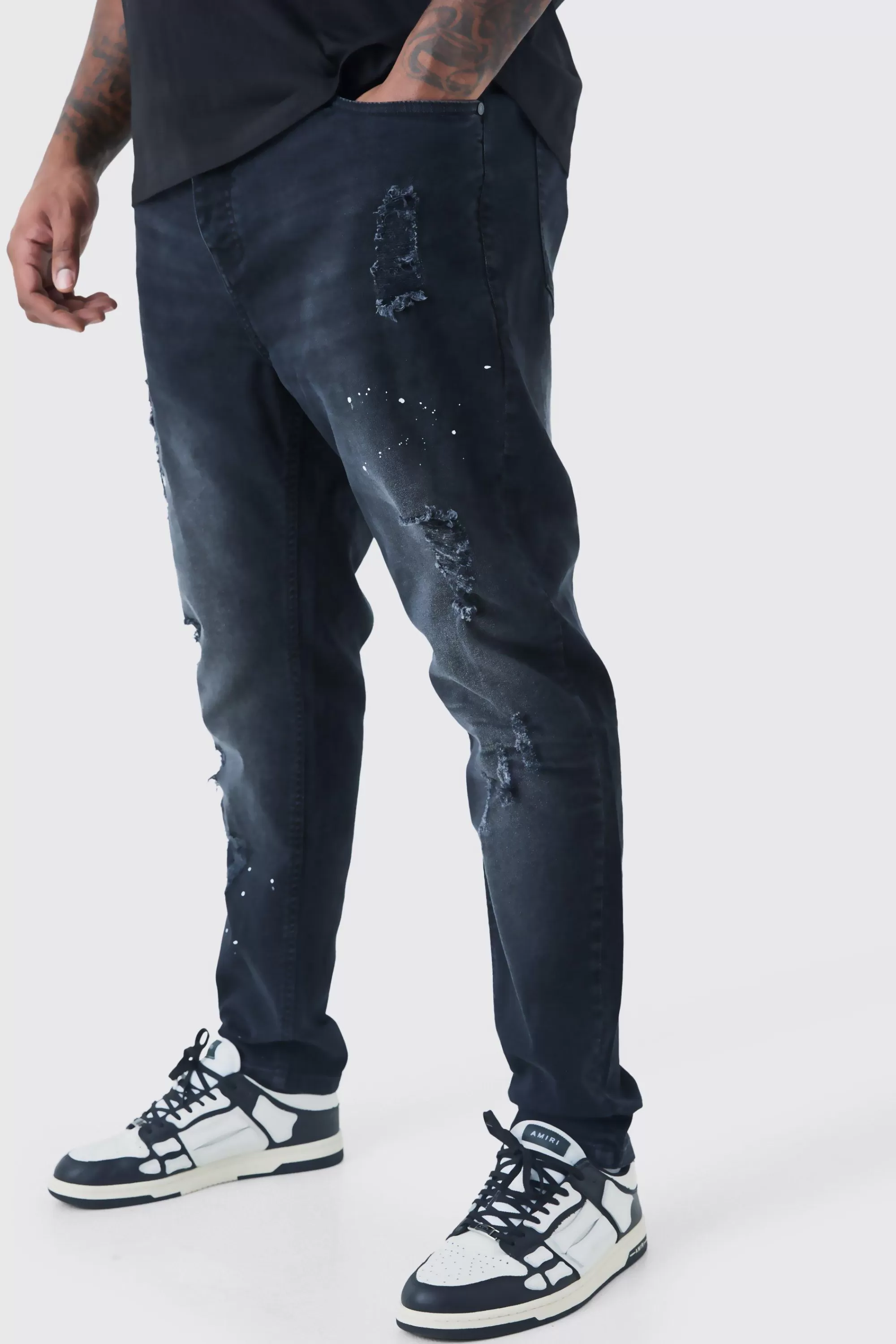 boohooMAN Plus Paint Splatter Distressed Skinny Jeans | UK