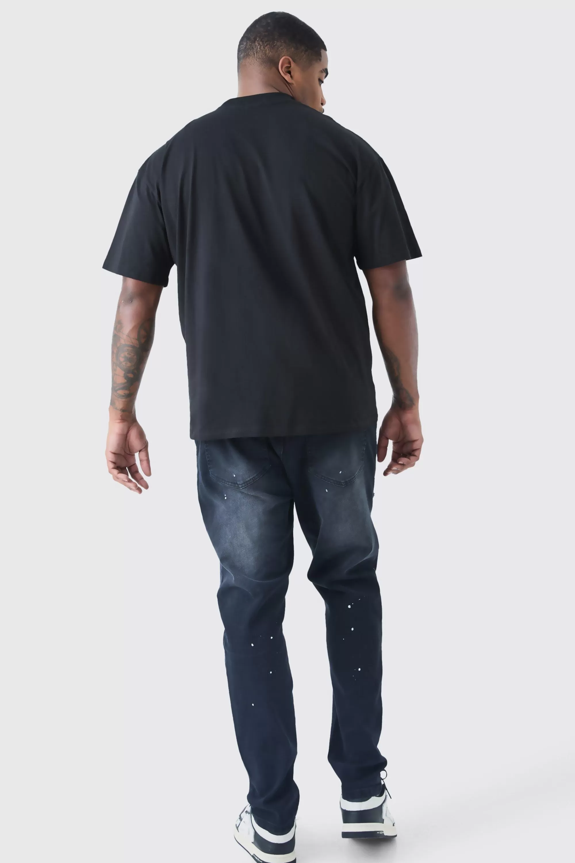 boohooMAN Plus Paint Splatter Distressed Skinny Jeans | UK