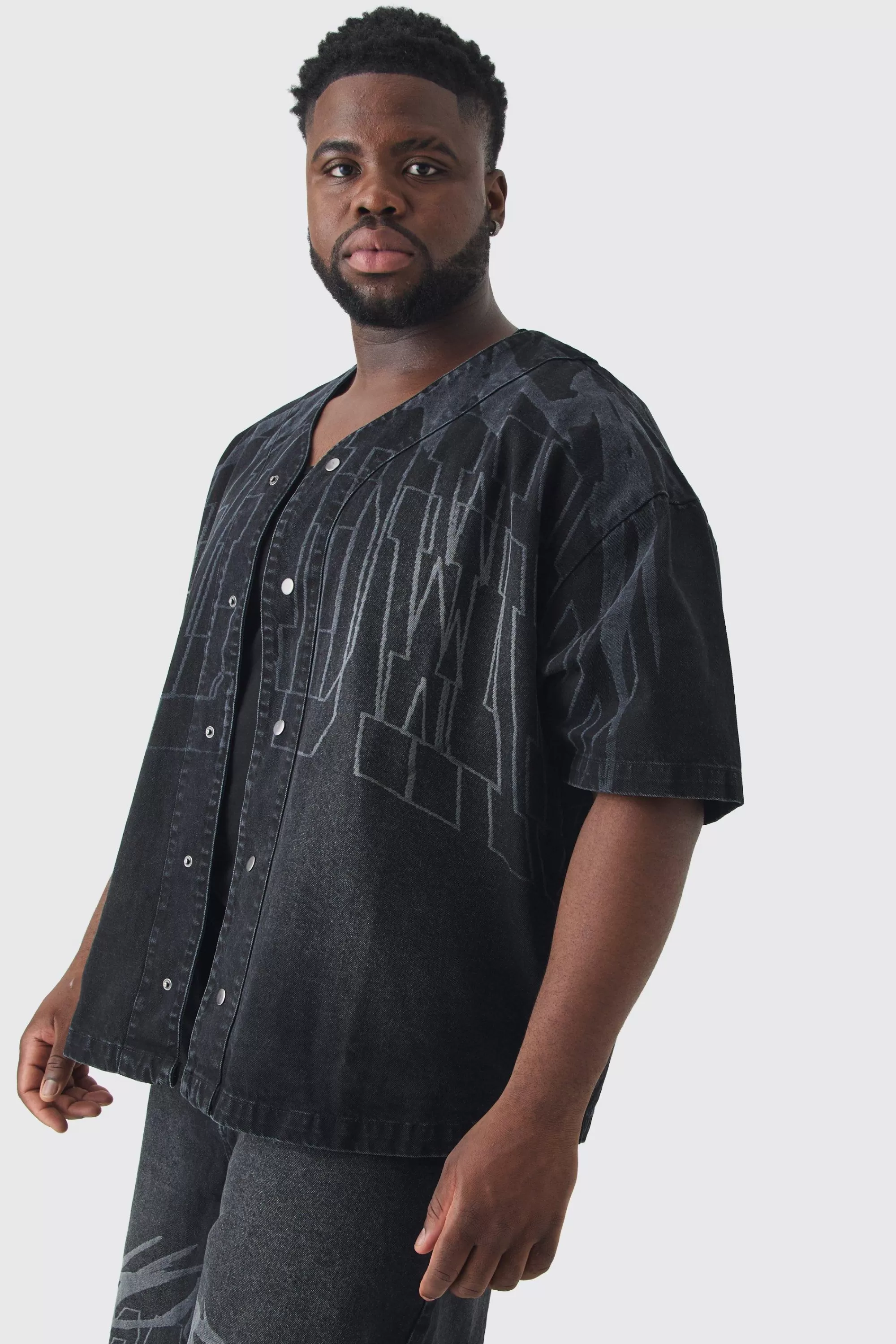 boohooMAN Plus Printed Embroidery Denim Shirt | UK