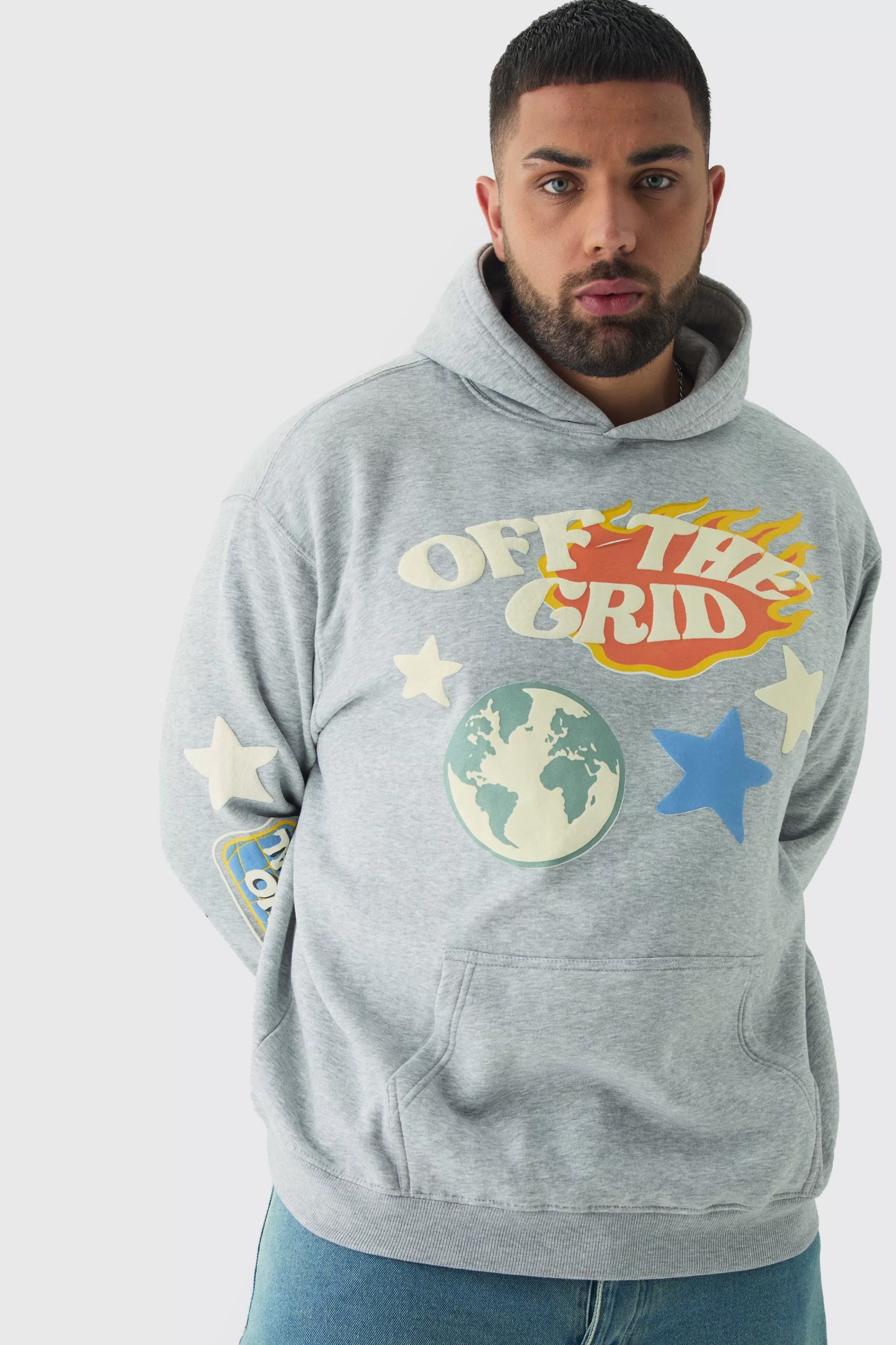 boohooMAN Plus Puff Print Off The Grid Overdyed Hoodie | UK