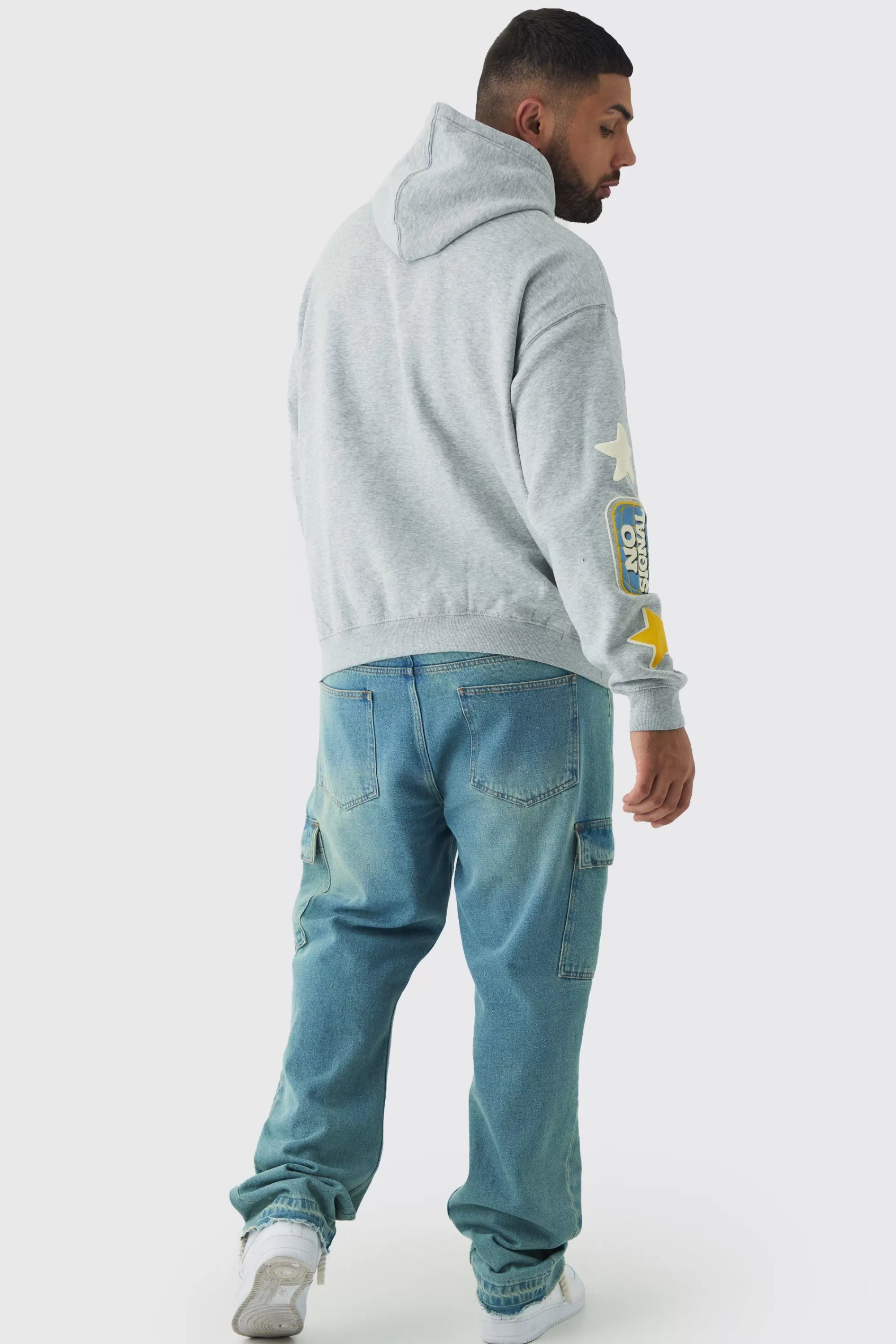 boohooMAN Plus Puff Print Off The Grid Overdyed Hoodie | UK