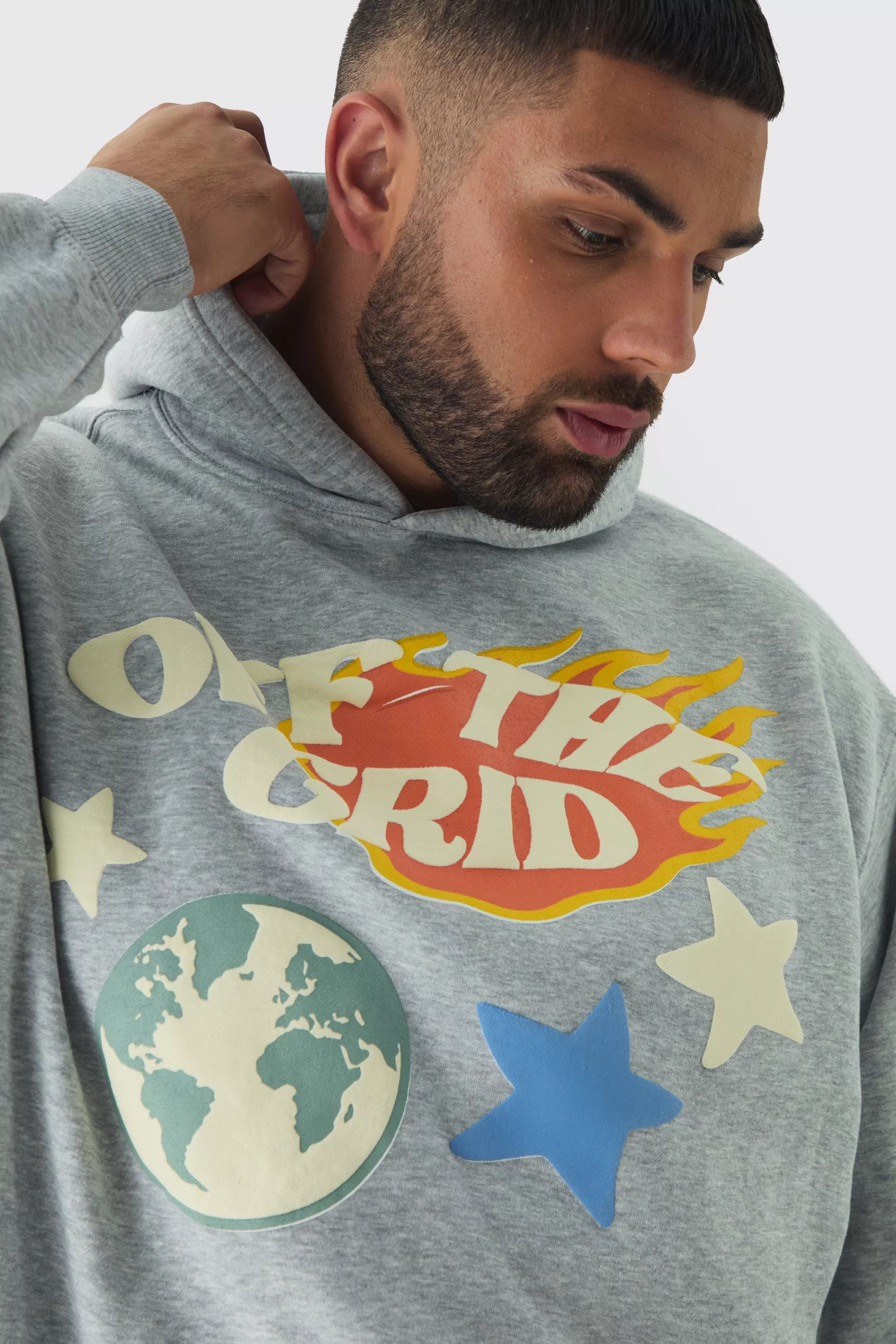 boohooMAN Plus Puff Print Off The Grid Overdyed Hoodie | UK