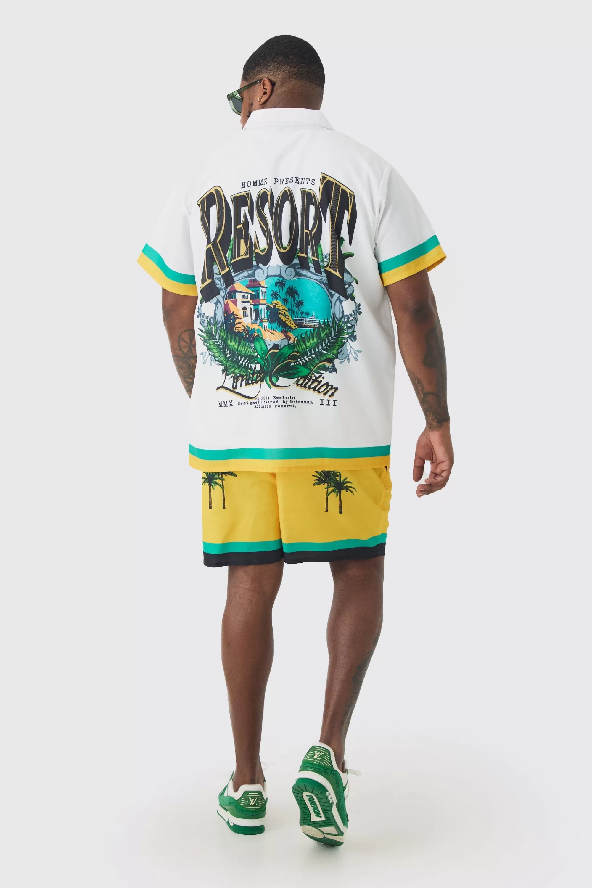 boohooMAN Plus Regular Resort Print Shirt & Swim Short Set In | UK