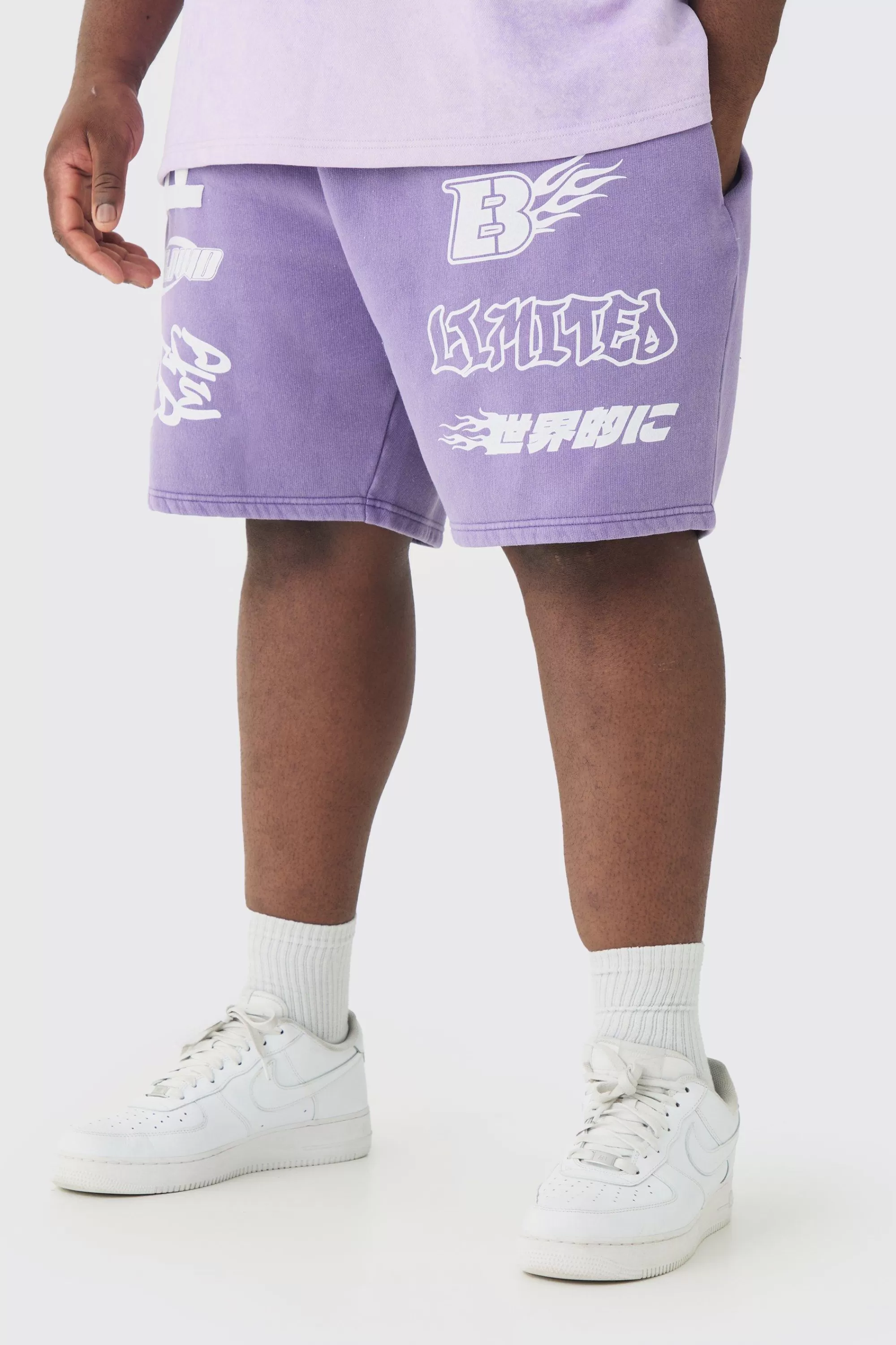boohooMAN Plus Relaxed Moto Puff Print Washed Shorts | UK
