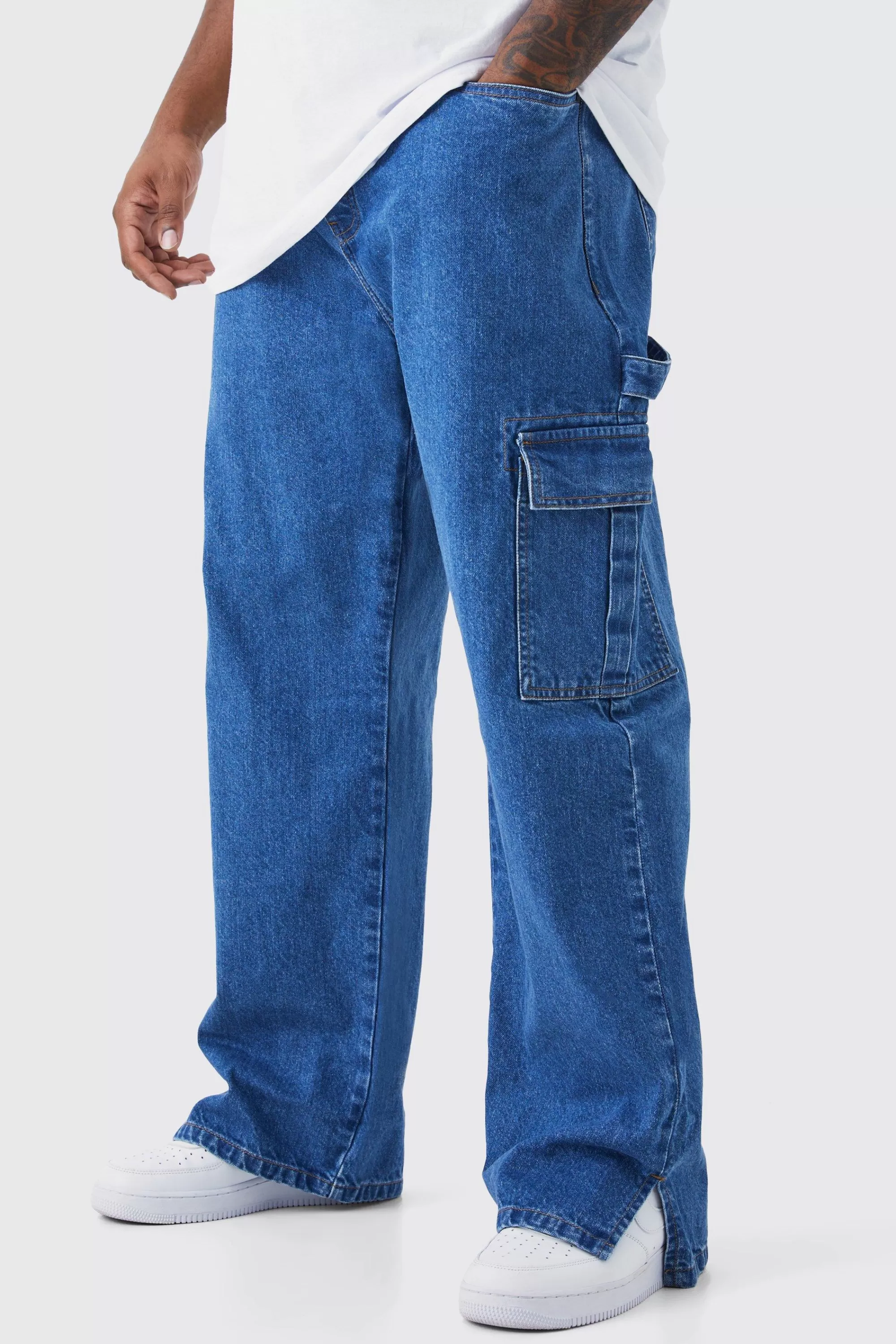 boohooMAN Plus Relaxed Rigid Carpenter Split Hem Jean | UK