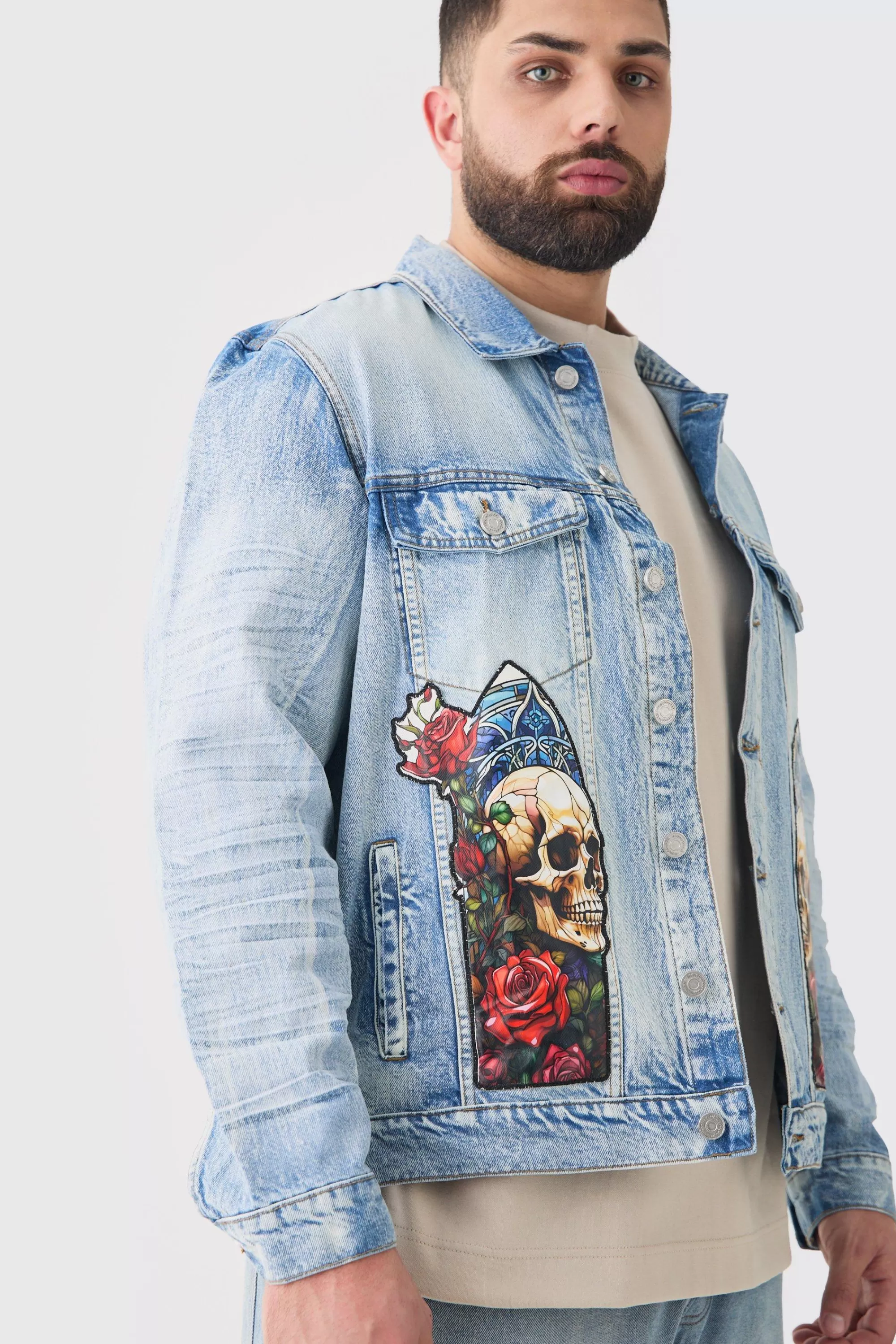 boohooMAN Plus Renaissance Panel Denim Jacket | UK